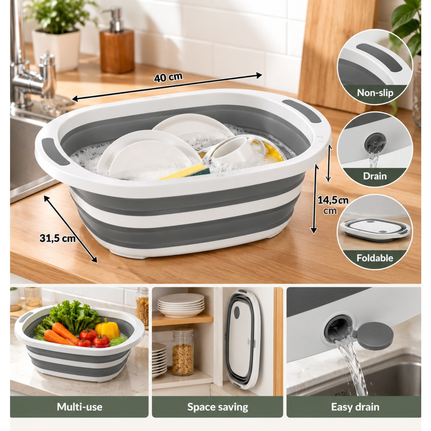 Image of Retractable Sink Basin With Drain Plug, 8l - Foldable Dish Basin In Gray And White - Space-saving - 2 Non-slip Handles - For Kitchen, Laundry, Outdoor Use - 40 X X Cm