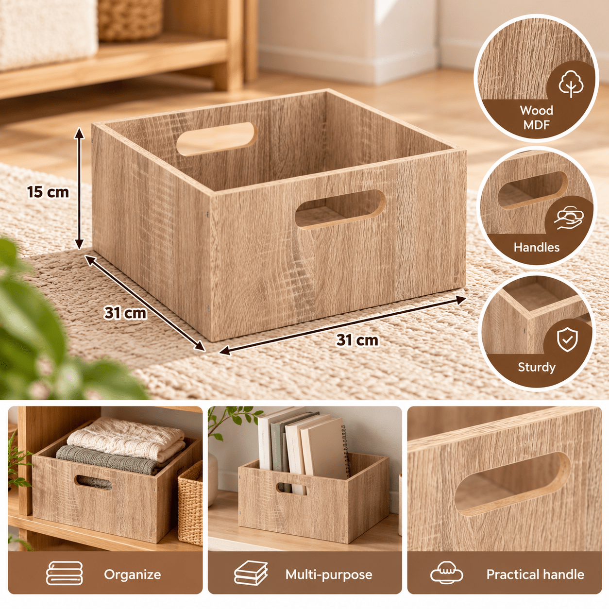 Image of Wooden Storage X 31 X 15 Cm Beige 11.8 L With 2 Handles For Interior - Bookcase, Shelf