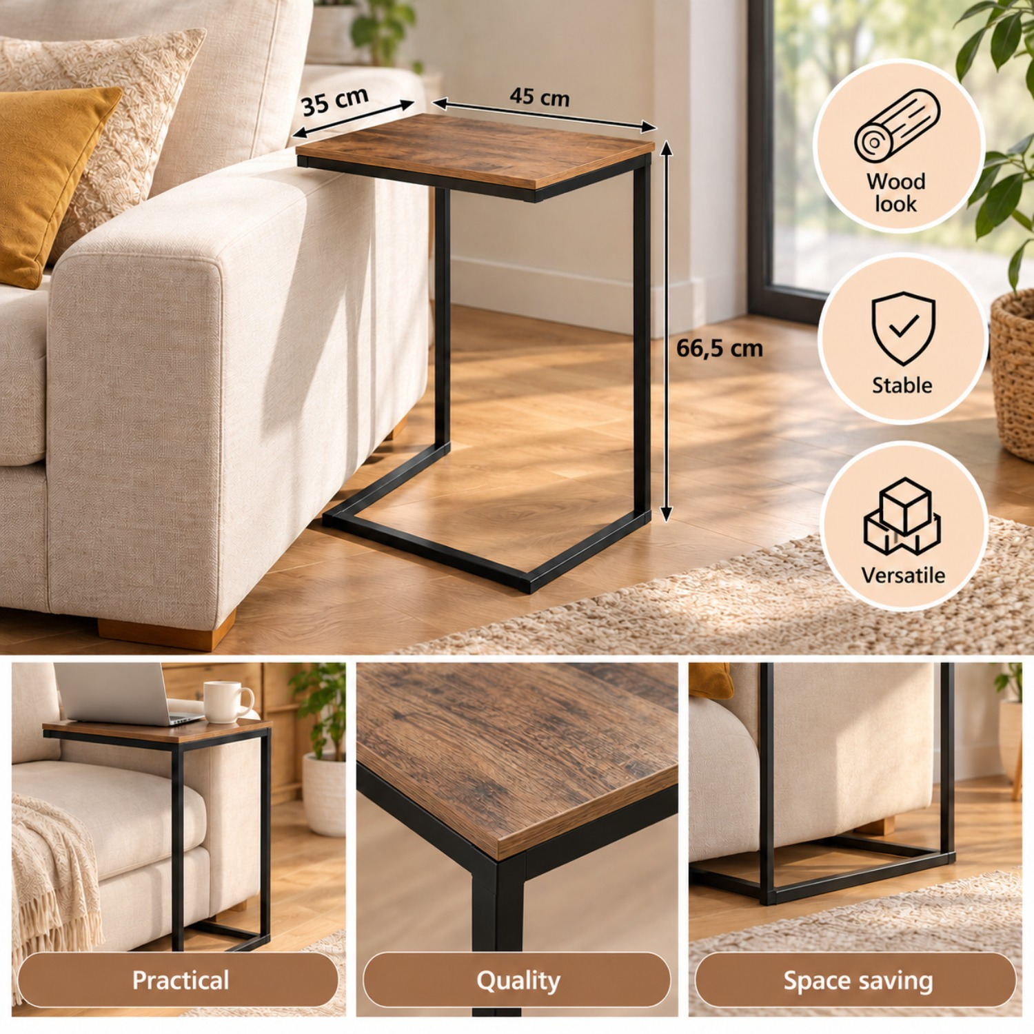 TEMU Tavolino da divano in acciaio beige L45 X P35 X H66.5 cm, carico massimo 10 kg, autoassemblaggio, per uso interno