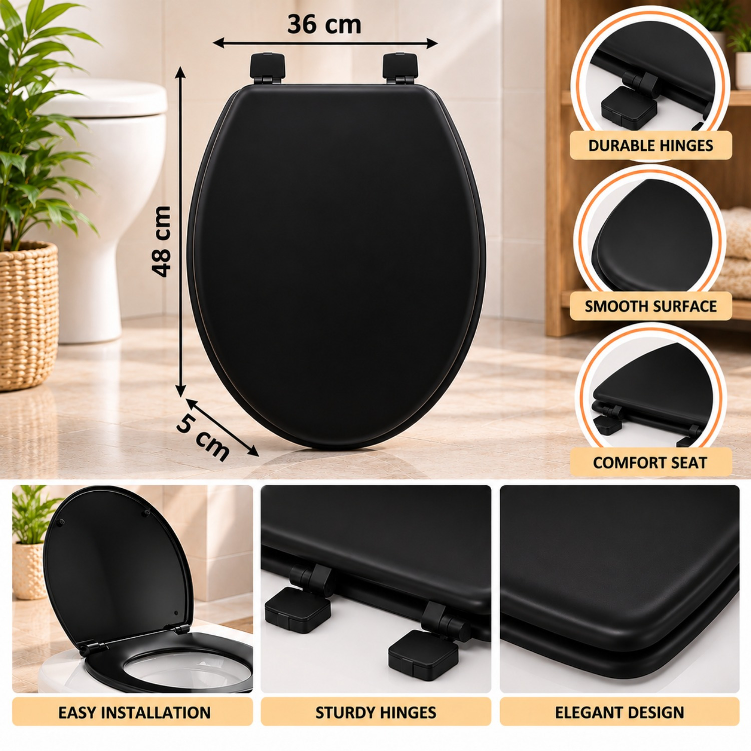 Image of Black Hdf Toilet Seat 48 X 36 X 5 Cm With Adjustable Plastic Hinges 13-18 Cm, Without Soft Close, For Bathroom Use