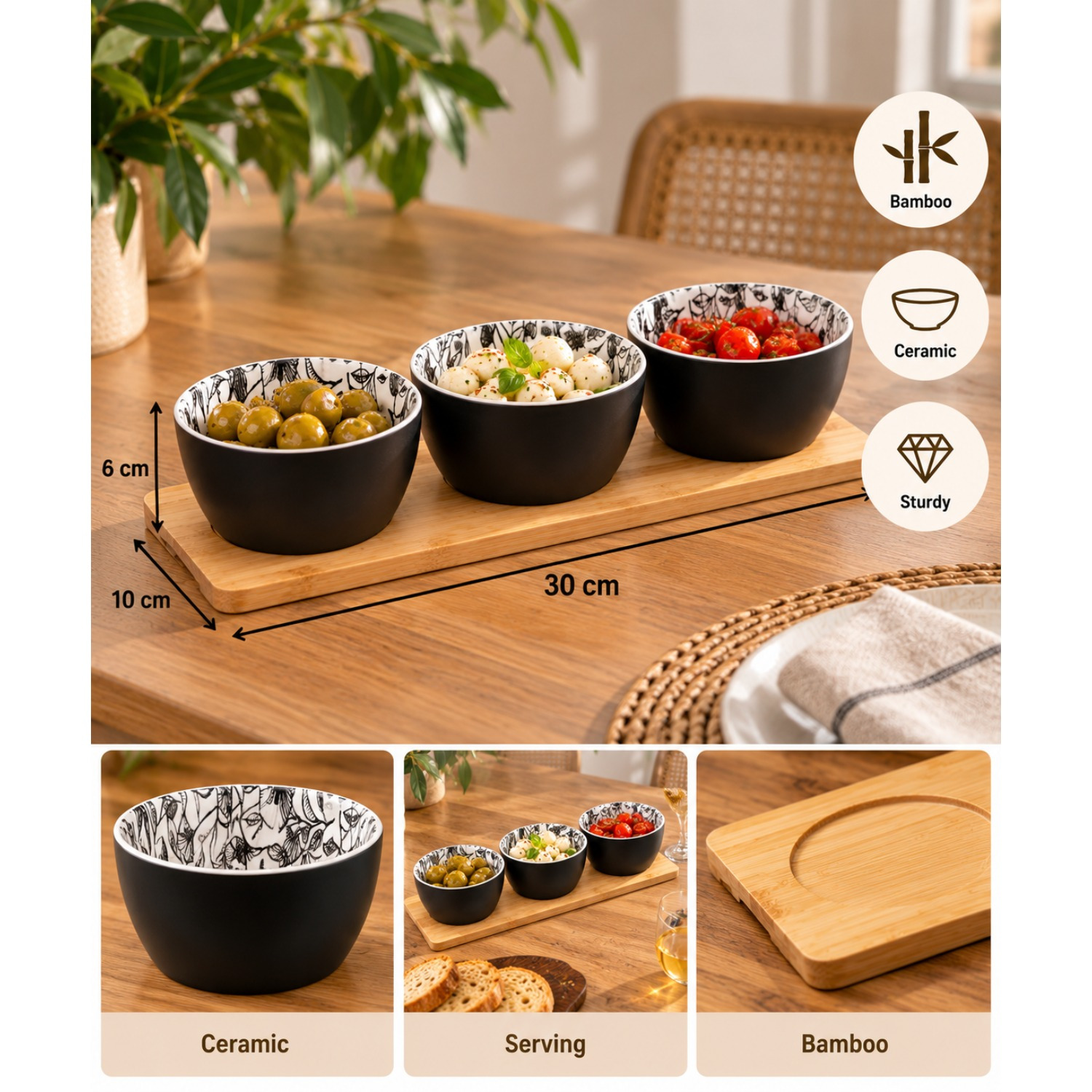 Image of 4-piece Black Stoneware Appetizer Set, Tray 30 × 10 Cm, Microwave Safe, For Indoor Use
