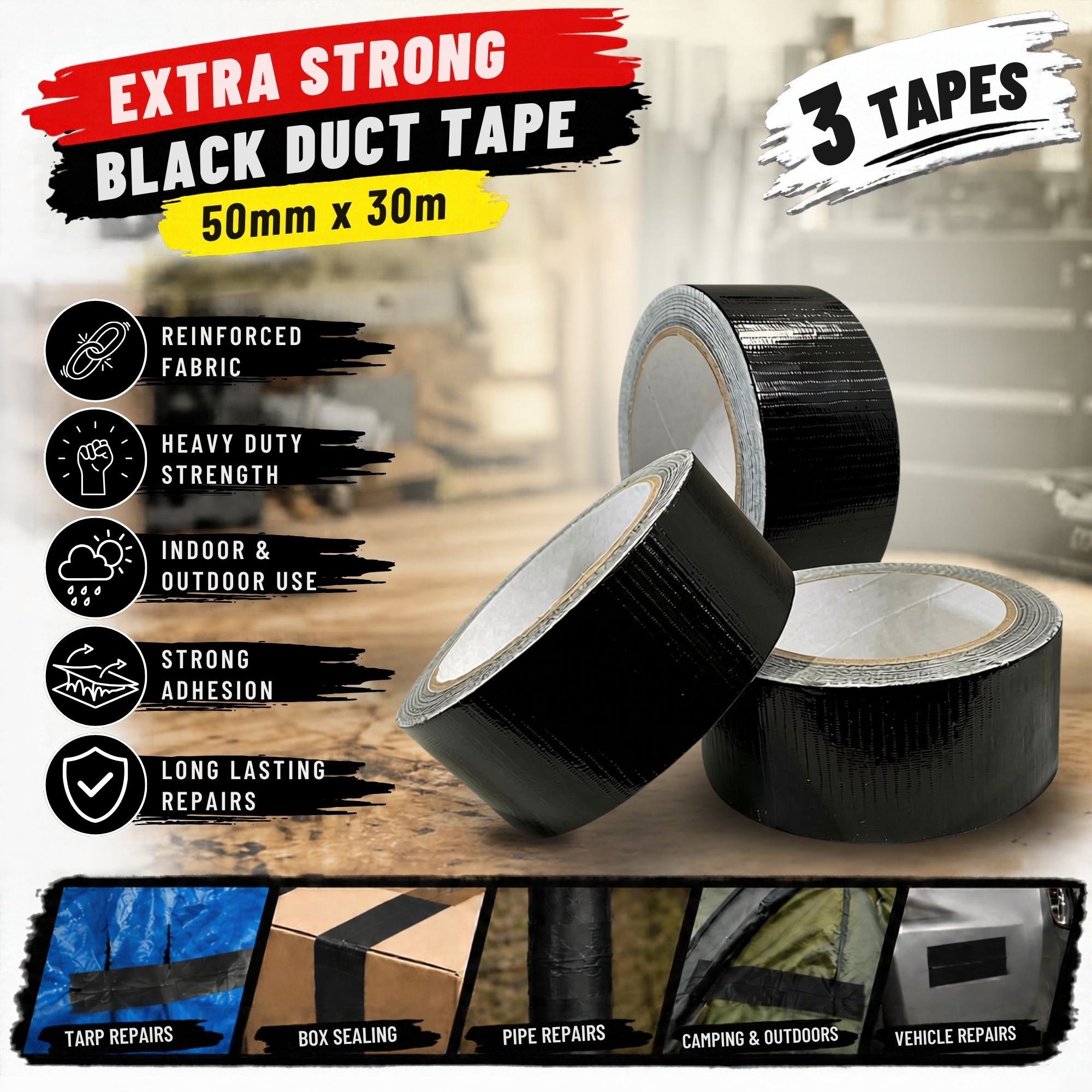 TEMU 3 Rolls Extra Strong Black Duct Tape 50mm X 30m Tape, Fabric Adhesive Heavy Duty Black Duct Tape – Repair Tape For Indoor & Outdoor Use,