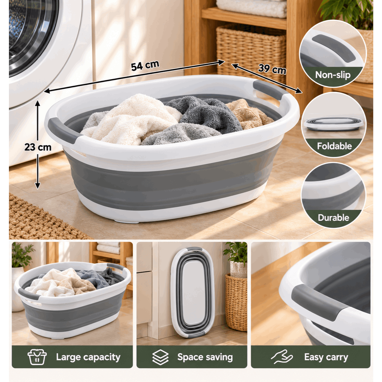 TEMU Laundry Basket 21l - 2 Handles - Retractable Laundry Basket - Large Capacity - Grey And White