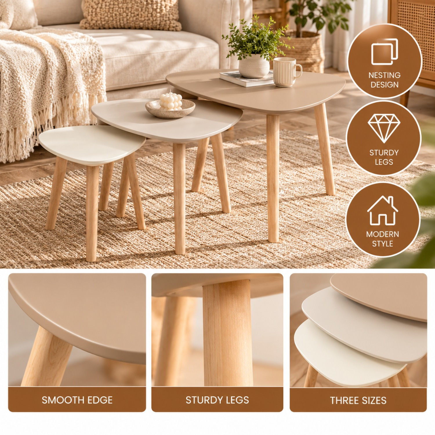 Image of Set Of 3 Nesting Tables, Teardrop Shape, Matte Beige, Mdf E1 Tabletop, Solid Rubberwood Legs, Dimensions L60 X 46.5 X