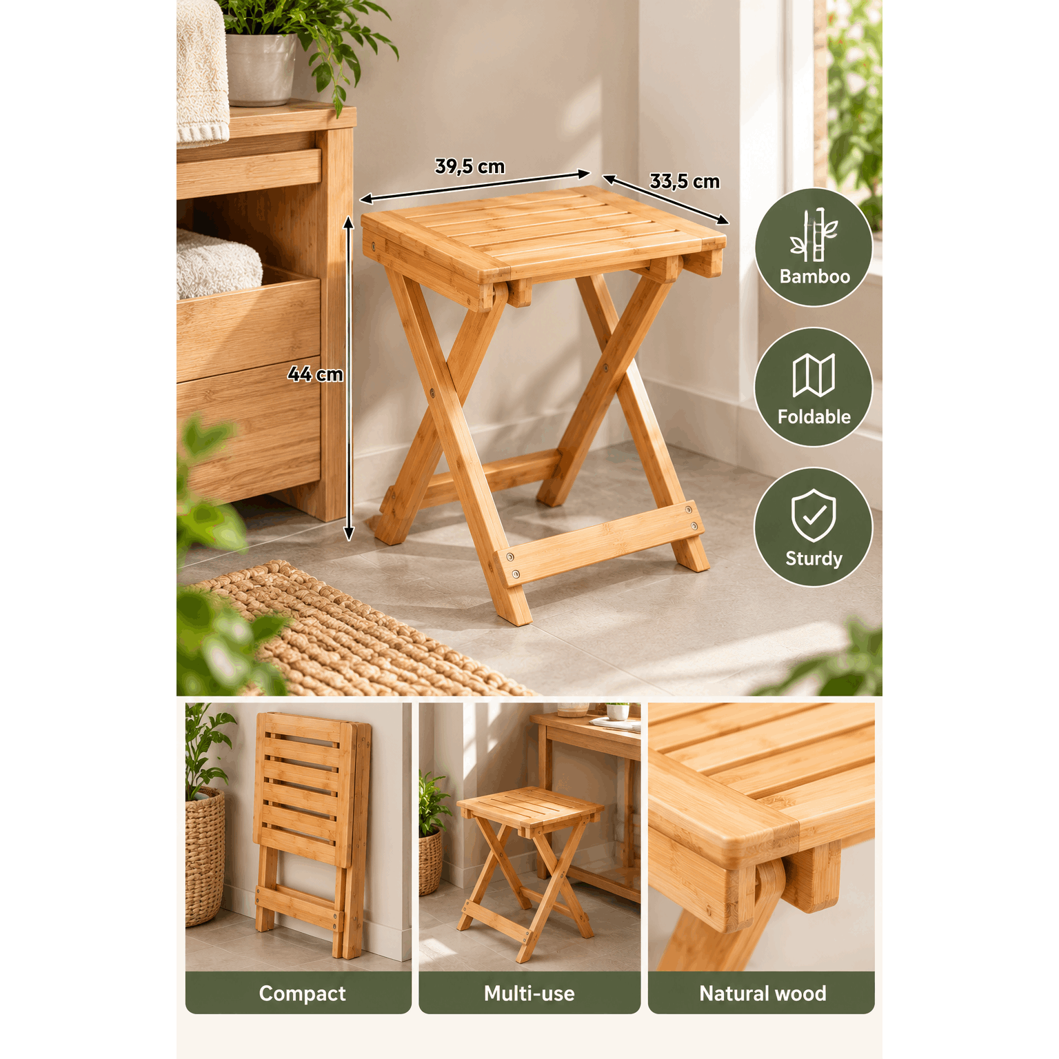 Image of Folding Bamboo Stool H44 Cm, Beige, For Indoor Use, 110 Kg Load Capacity