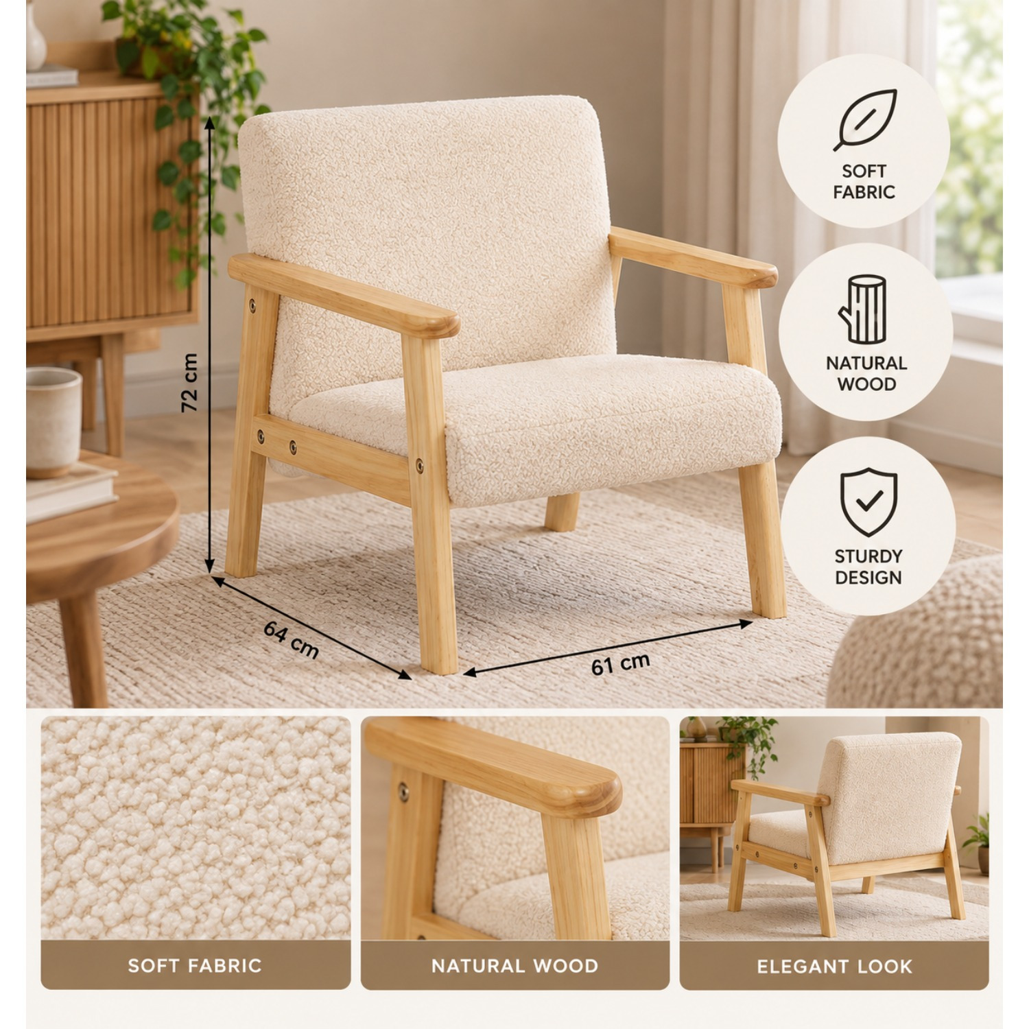 TEMU Sillón Bouclé color para niños, estructura de madera de contrachapado E1, asiento semifirme, 43 × 43 × 46 cm, montaje DIY en ~15