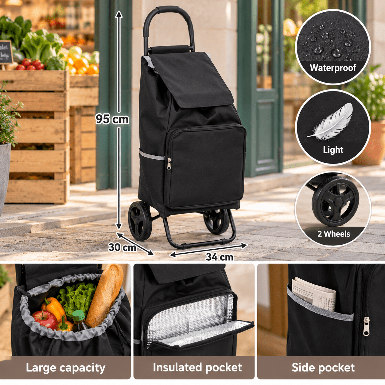 Image of Black Metal 2-wheel Shopping Cart - 40l - Lightweight - Zippered Pockets - Cooler Compartment - Removable Bag - Practical Storage