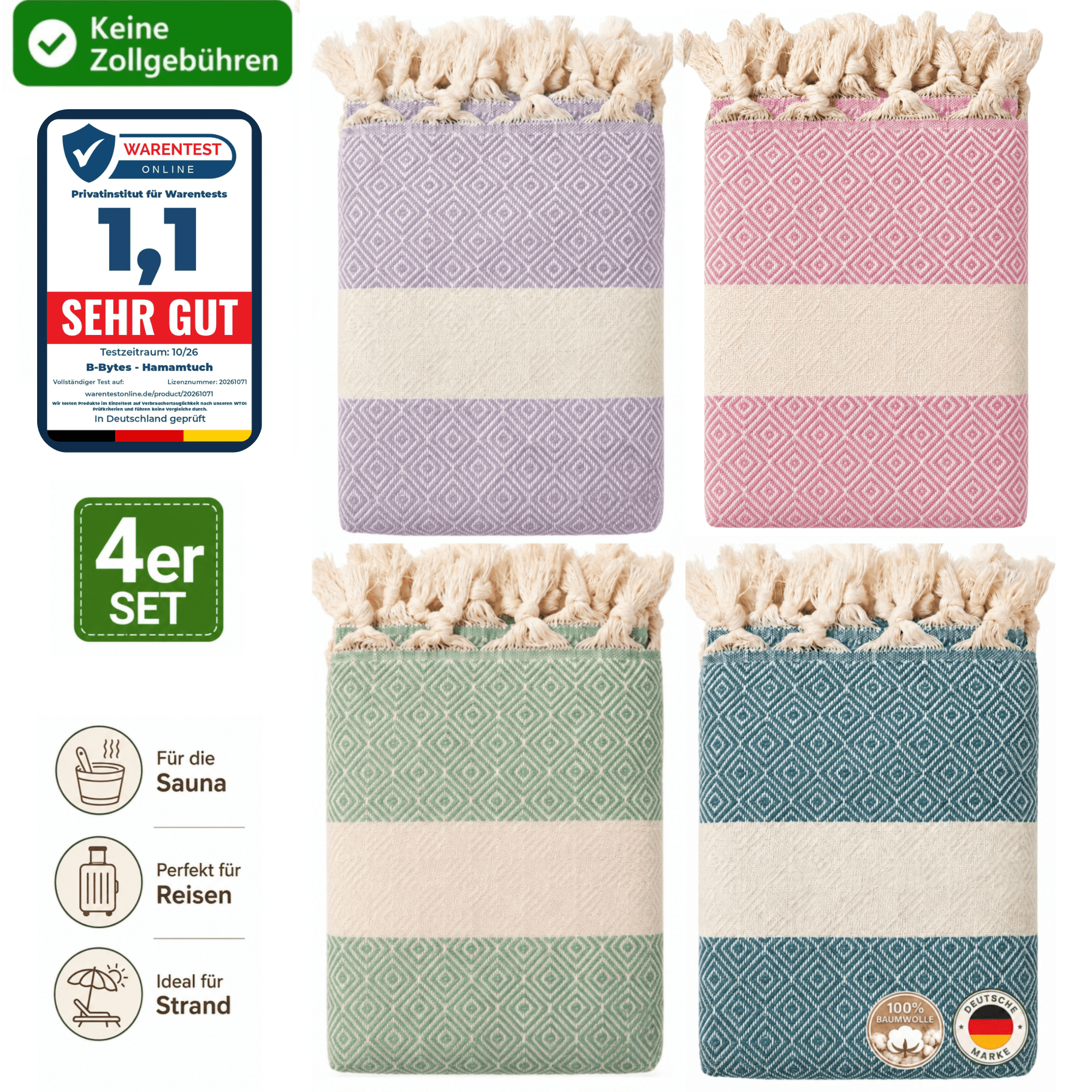 Image of 4-piece Xxl Sauna Towel Set Made From 100% Turkish Cotton – Quick-drying, Sand-repellent & Versatile, Sauna Towels, Beach & Hammam Towel In A Family Set