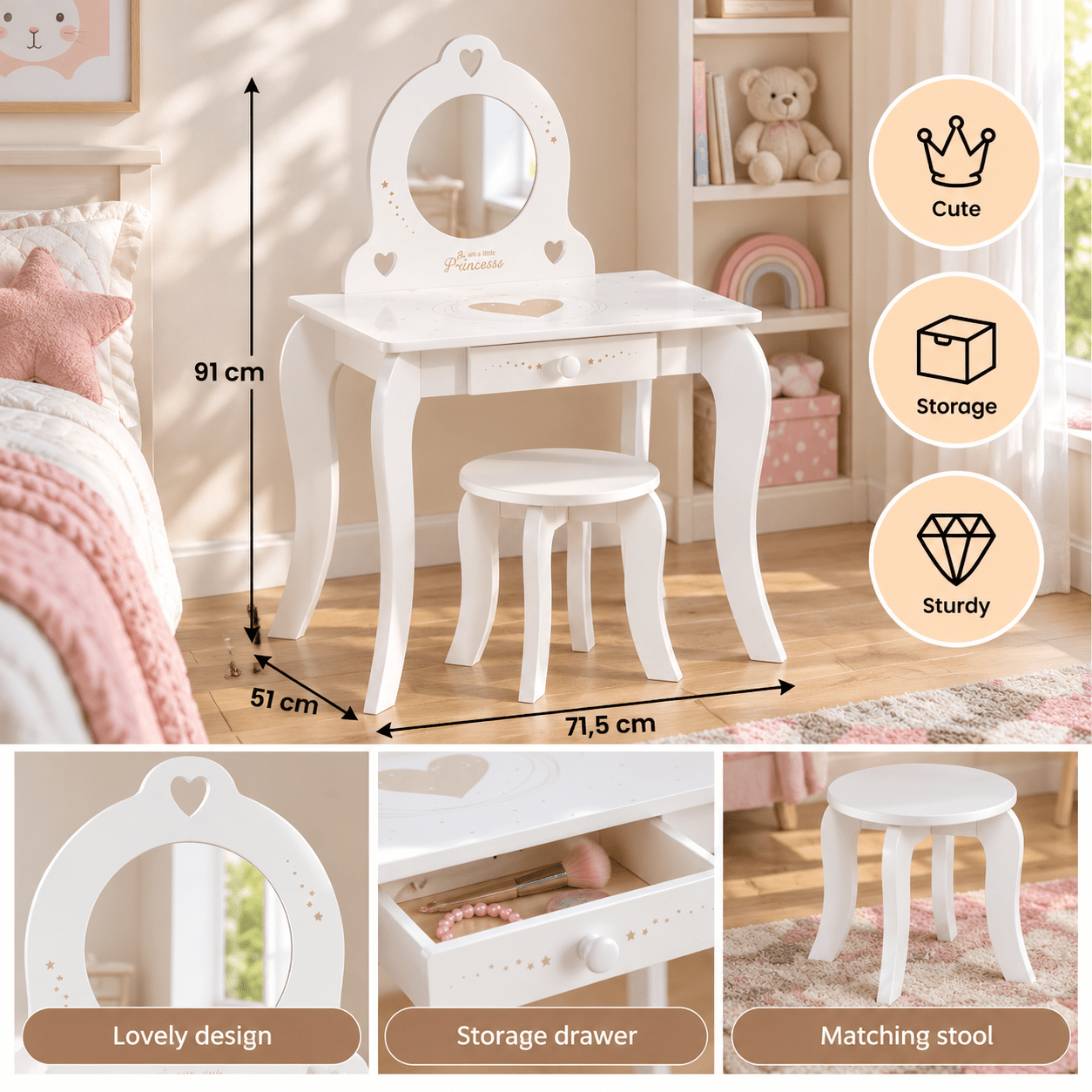 TEMU Coiffeuse enfant avec et tabouret bois, 1 tiroir, multicolore, L71,5×P50,5×H91 cm, surface 60×40 cm, à monter