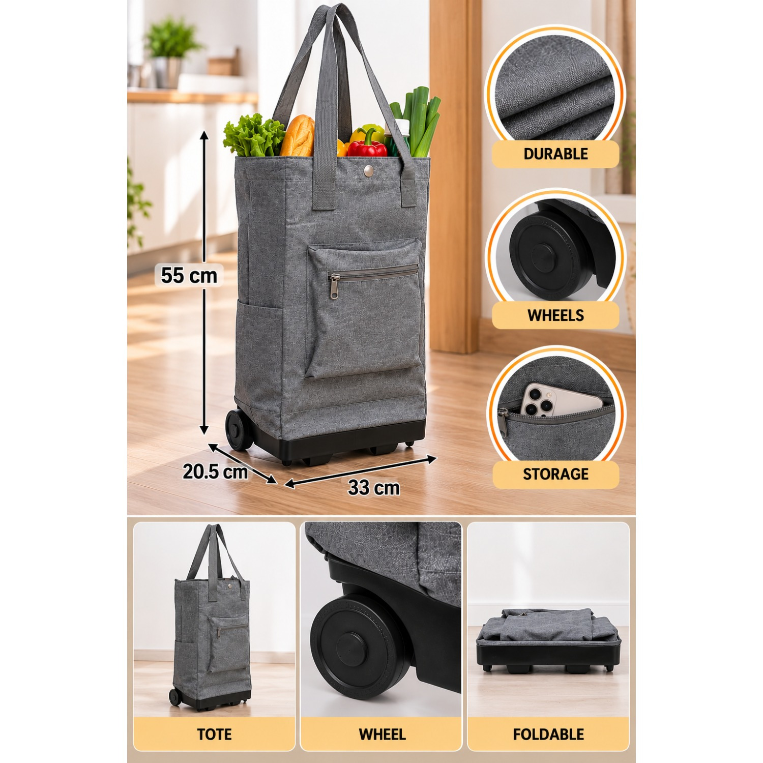Image of Rolling Shopping Bag, 30l, Grey Texaline, , Adjustable Handles, Zippered Closure, Storage Pouch, 33×20.5×55 Cm