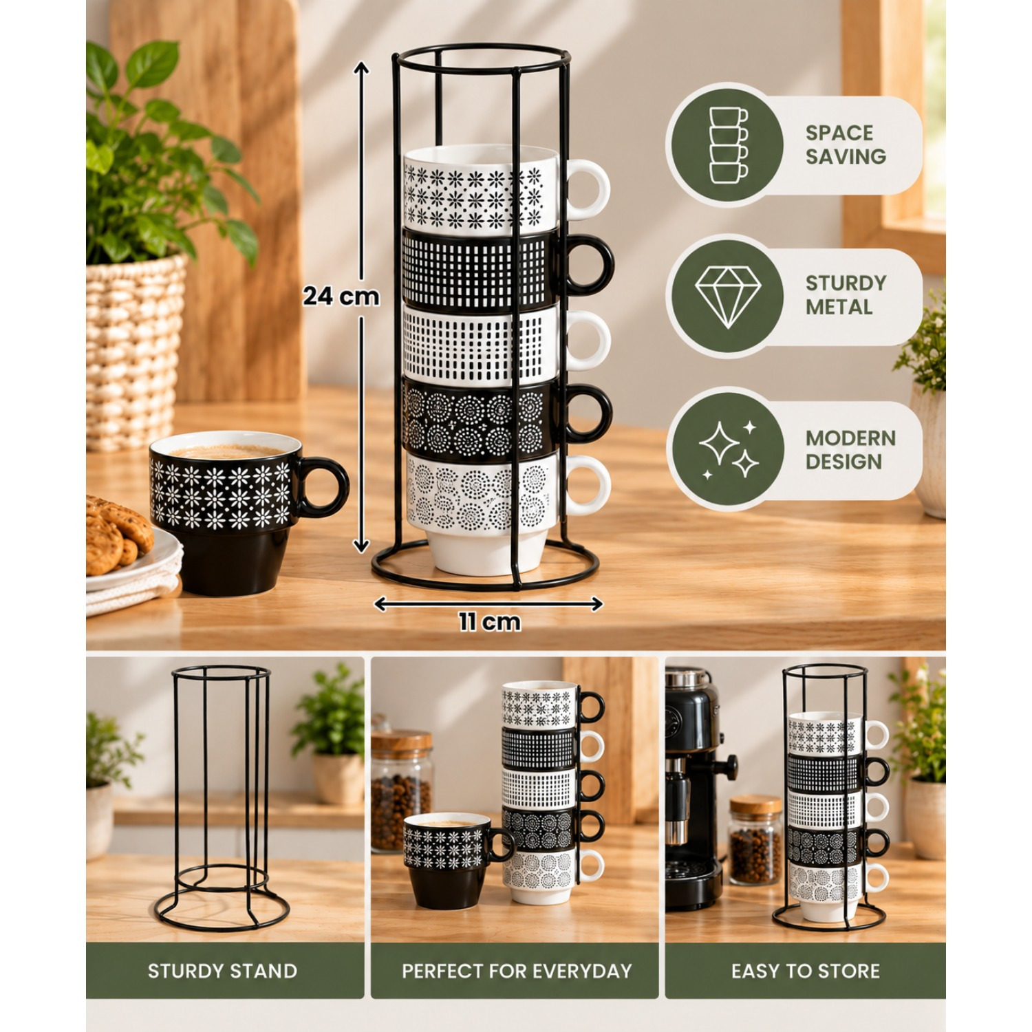 Temu Black / White Mugs Lot De 6 220 Ml Multicolore Avec Rack De Rangement Compatible Micro-Ondes Et Lave-Vaisselle