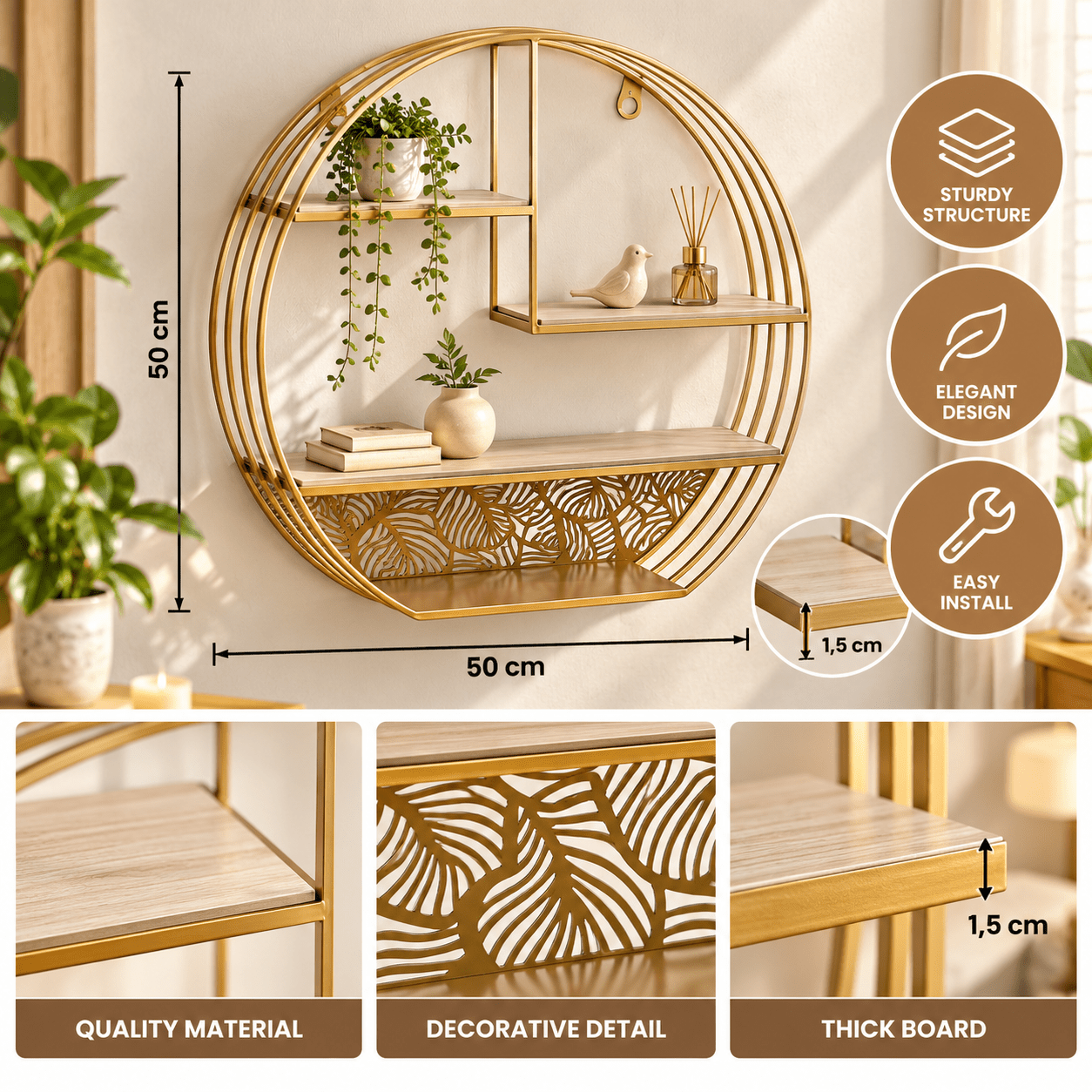 TEMU Wandplank Rond met 4 Planken in Gouden Staal 39 × 10 × 35 Cm voor Interieur Art Deco Stijl om Op te Hangen