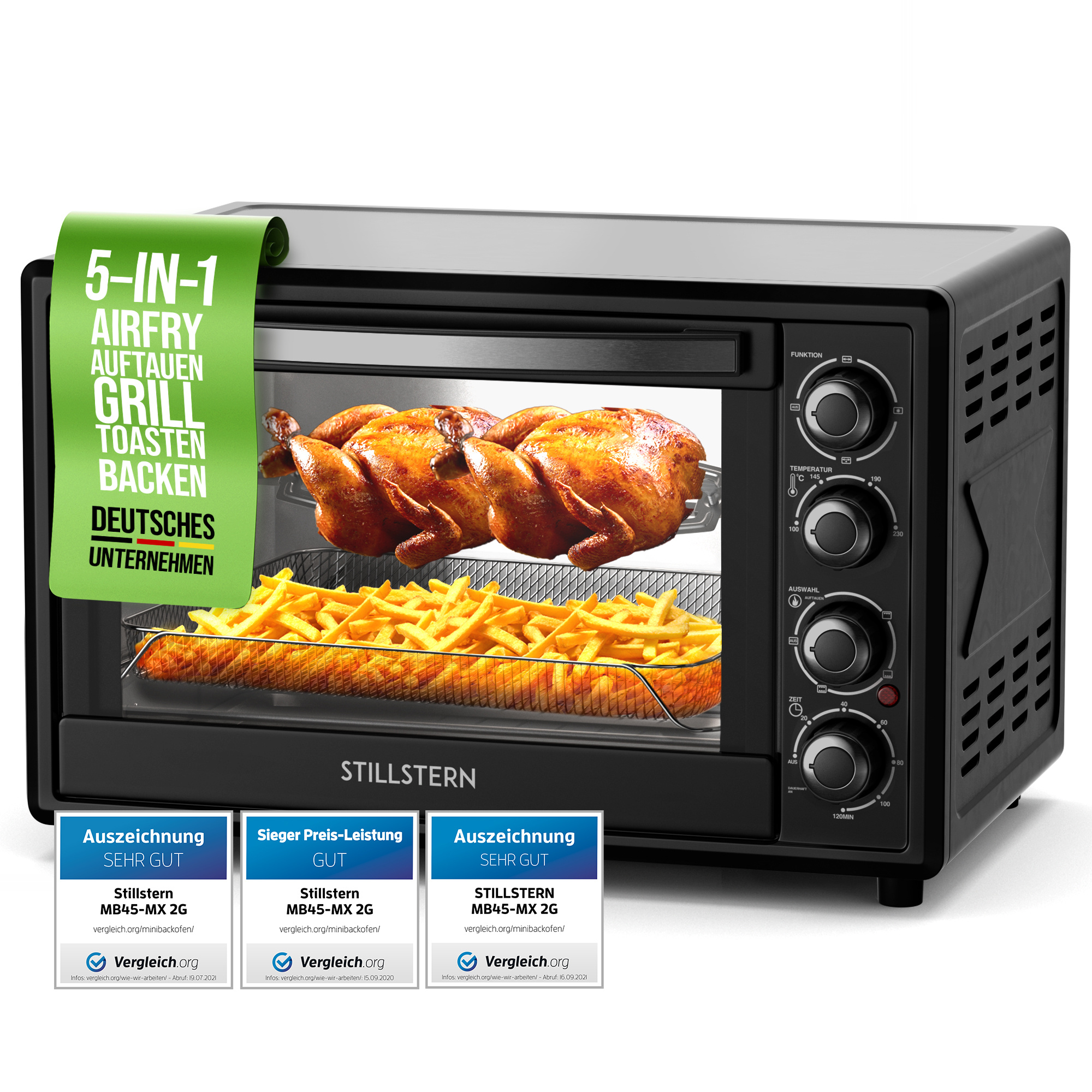 Image of Mini Oven With Convection 45l (de Version) Pizza Ø32, Cyclone Pro+ Coating, Defrosting, 2-hour Timer, Camping Mini Oven Convection Pizza Oven, Small Mini Oven, With Rotating Spit
