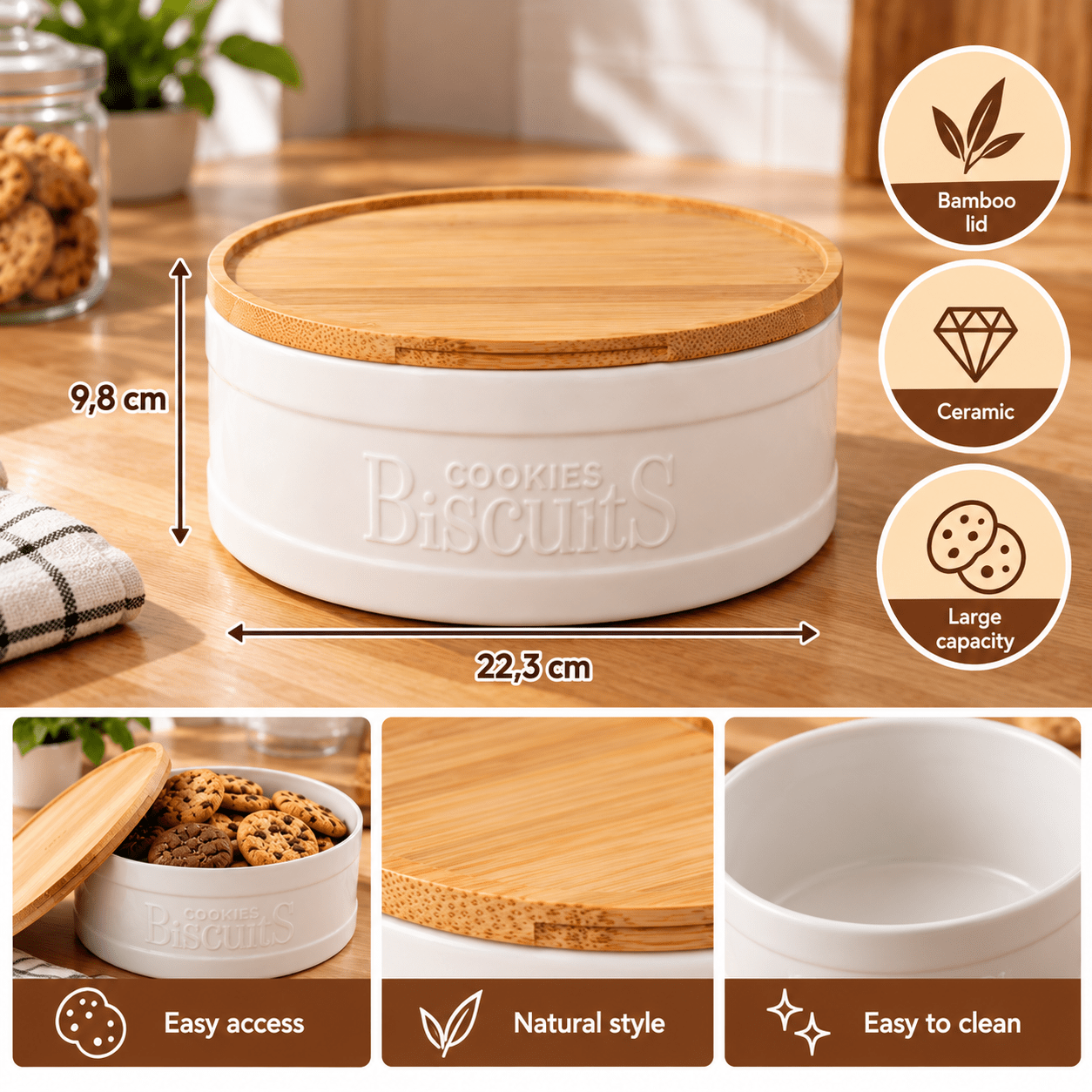 Temu Blanc Boîte À Biscuits En Grès 2,4 L Avec Couvercle En Bambou