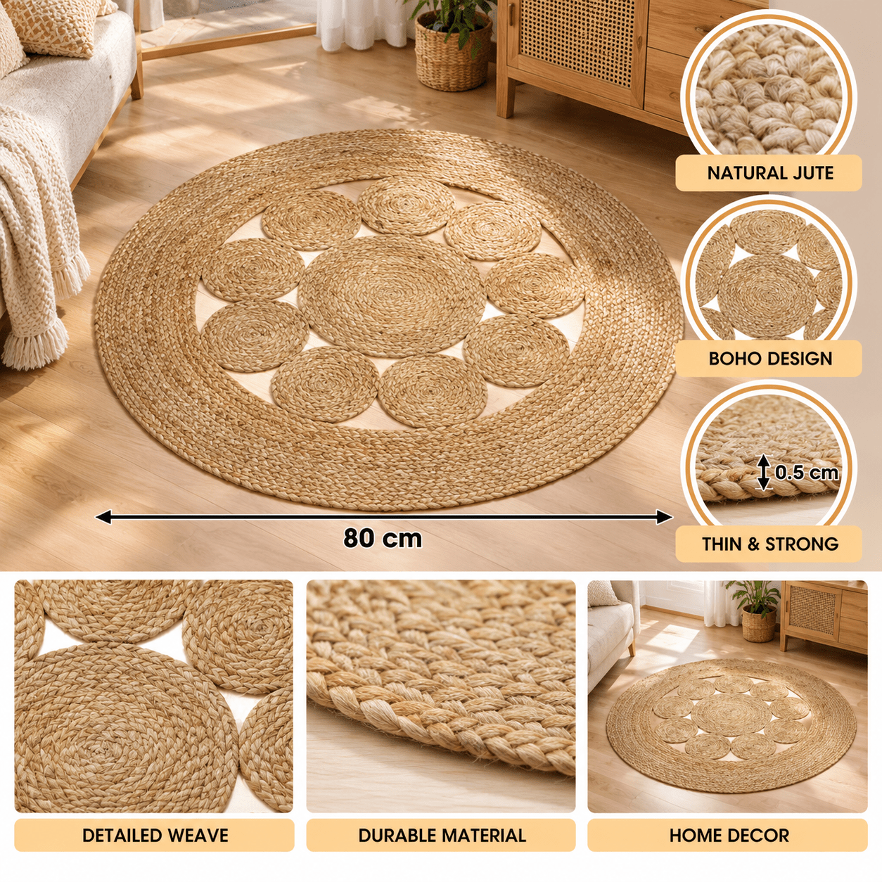 Image of Round Woven Jute Brown Rug Ø80 Cm Thick 0.5 Cm For Indoor Use