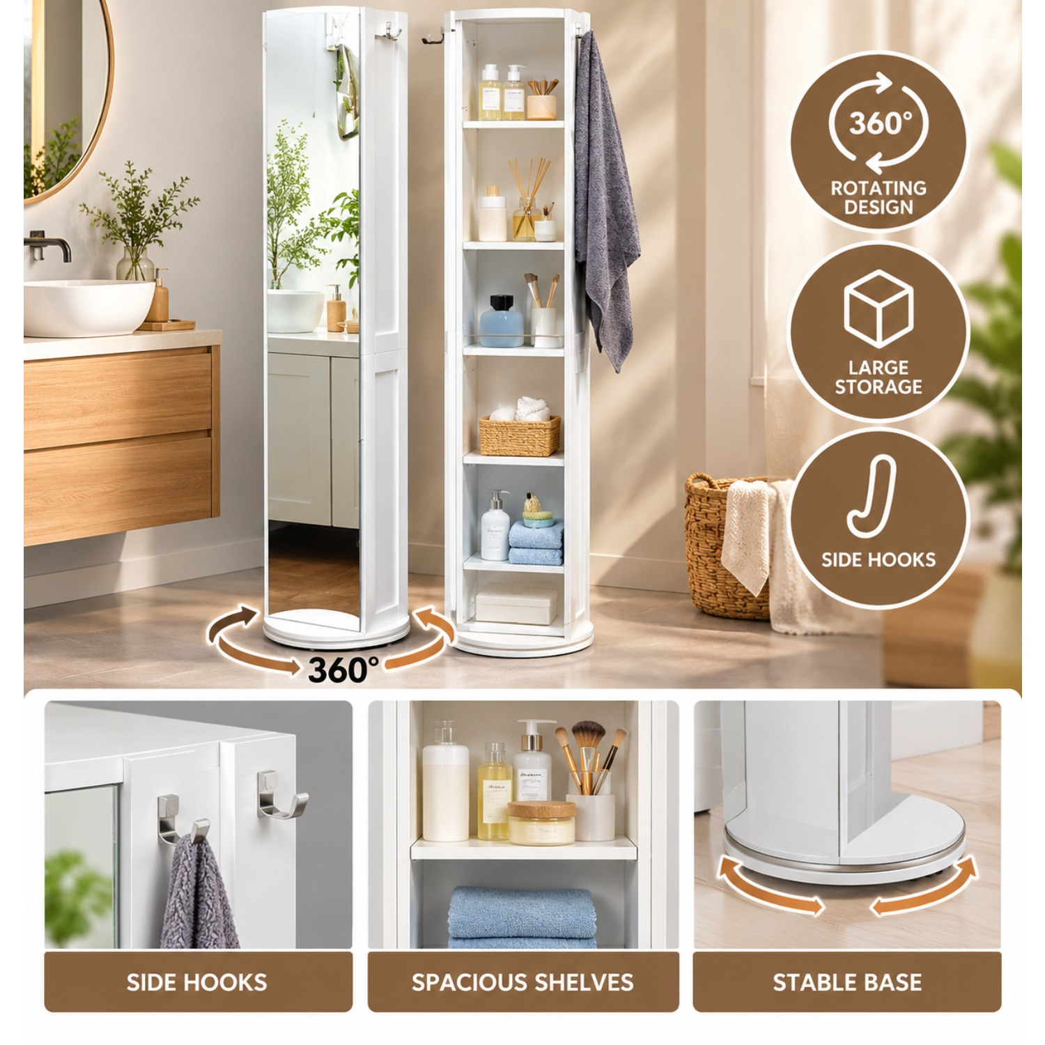 Image of Swivel Bathroom Column Ø36 × H169.5 Cm, White, With Mirror And Wood & Glass Shelves