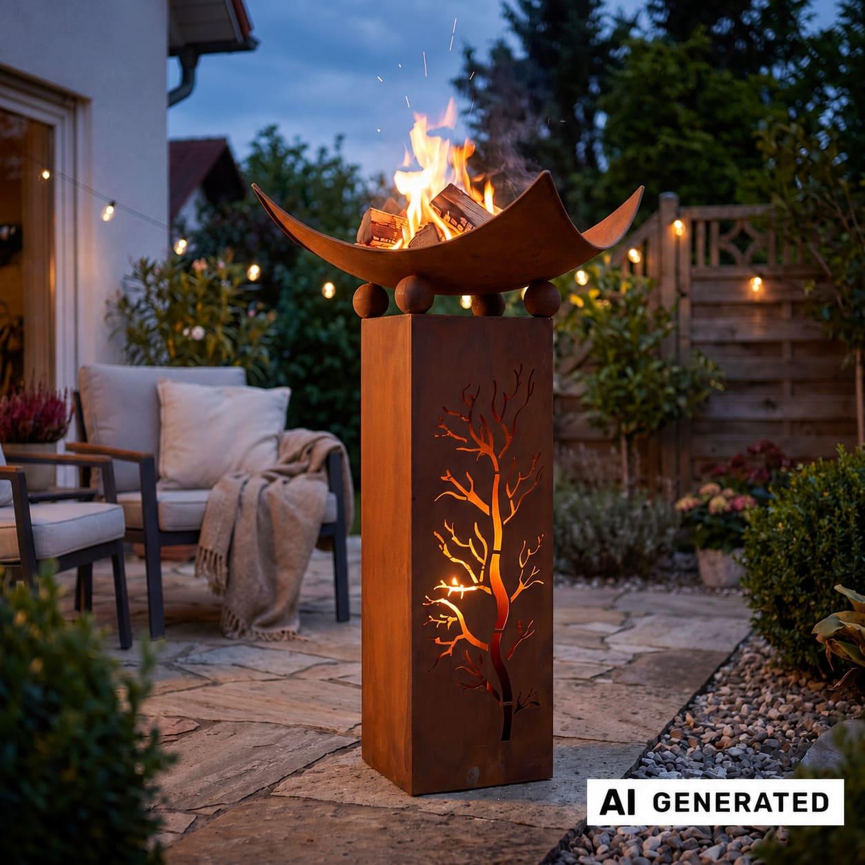 Image of Decorative Column With Metal Fire Bowl In Rusty Optic, Garden Decoration, Fire Pit
