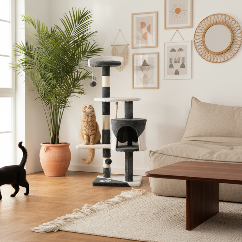 Image of Cat Tree 112 Cm High, With Cave, Lying Surfaces, Sisal Stems, 2 Plush Balls, Play Rope, Compact, With Wall Mounting, For , Stable And Versatile