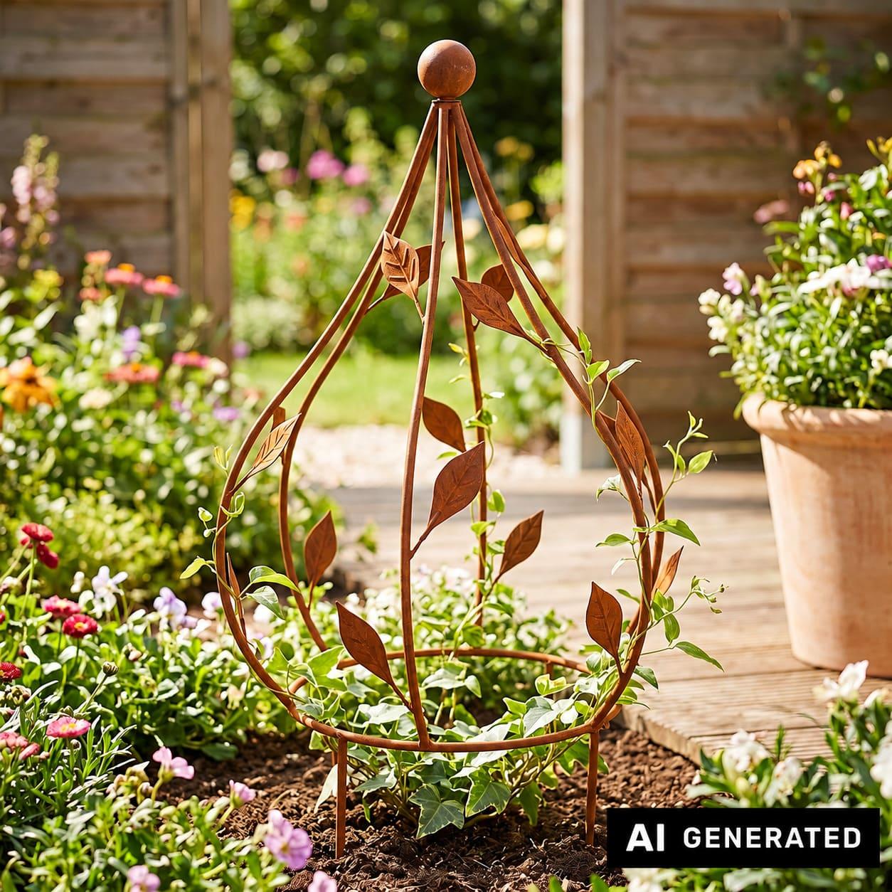 Image of Plant Support "leaves" In Cone Shape, Metal In Rust Optic, Garden Stake, Plant Cone, Plant Frame