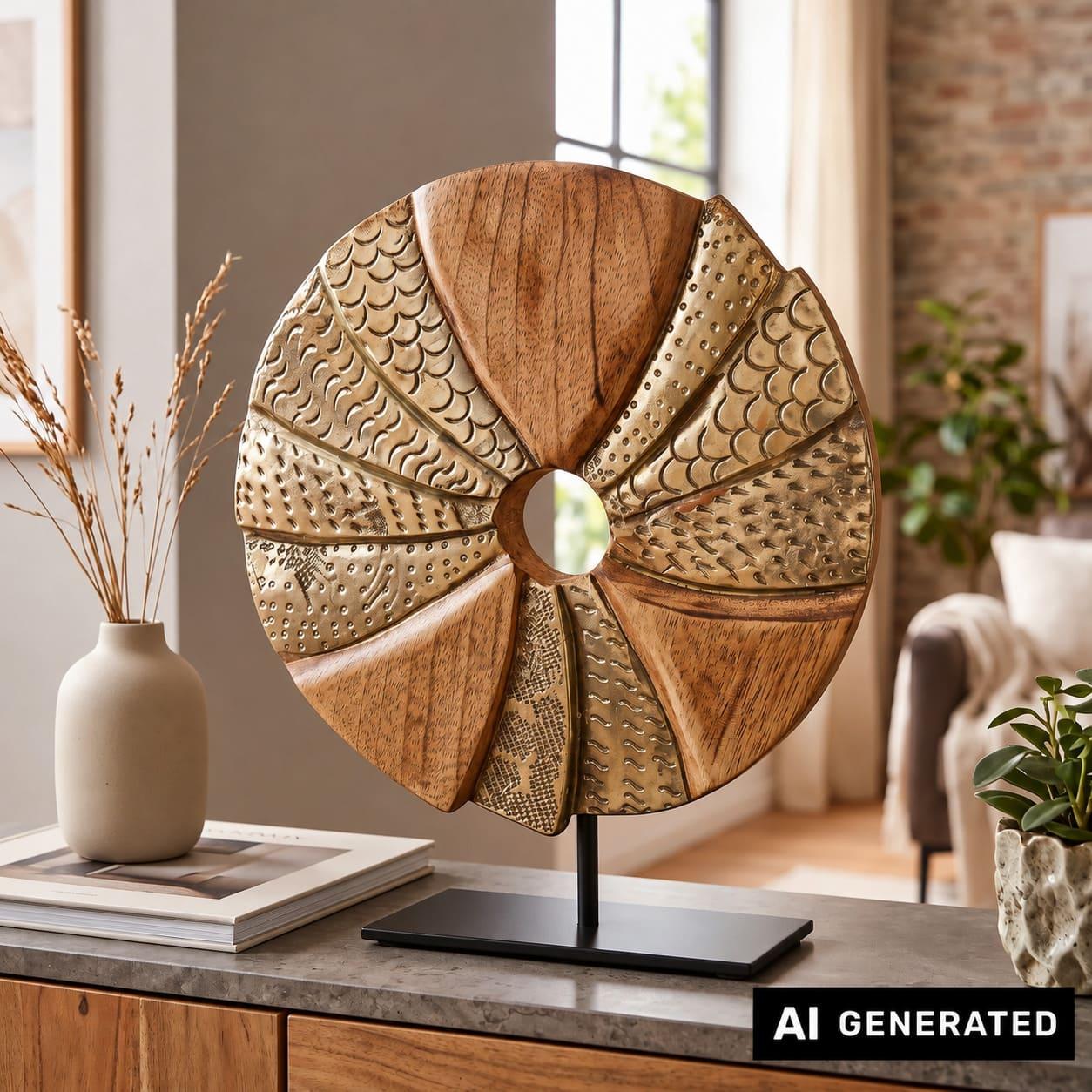 Image of Sculpture "circle" Made Of Mango Wood And Aluminum In Golden, Ø 24 Cm, Decorative Object, Wood Decoration