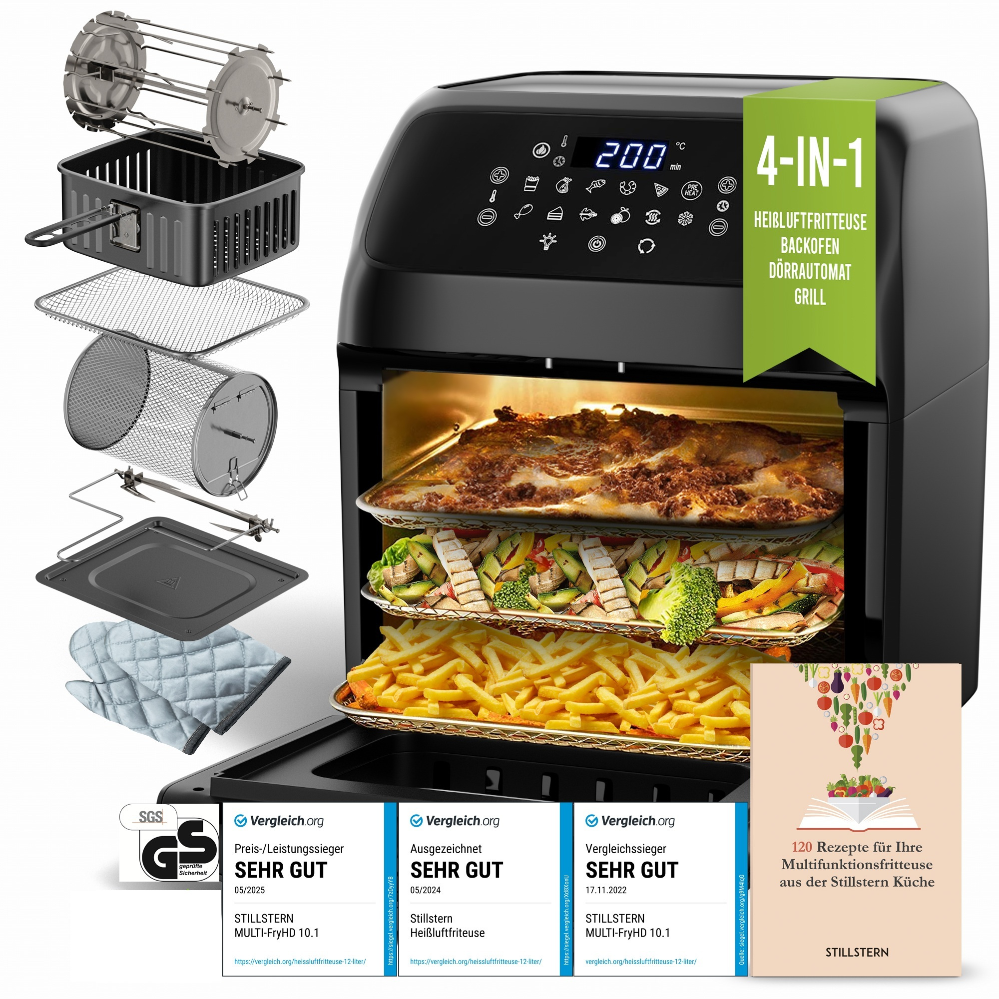 Image of Silent Heat Air Fryer Xxl 12l With Led Touchscreen, Recipe Book In German, 12 Programs, Preheating & Keeping Warm, 1800w Hot Air Fryer Xxl Without Oil Drying Mini Oven Camping Grill