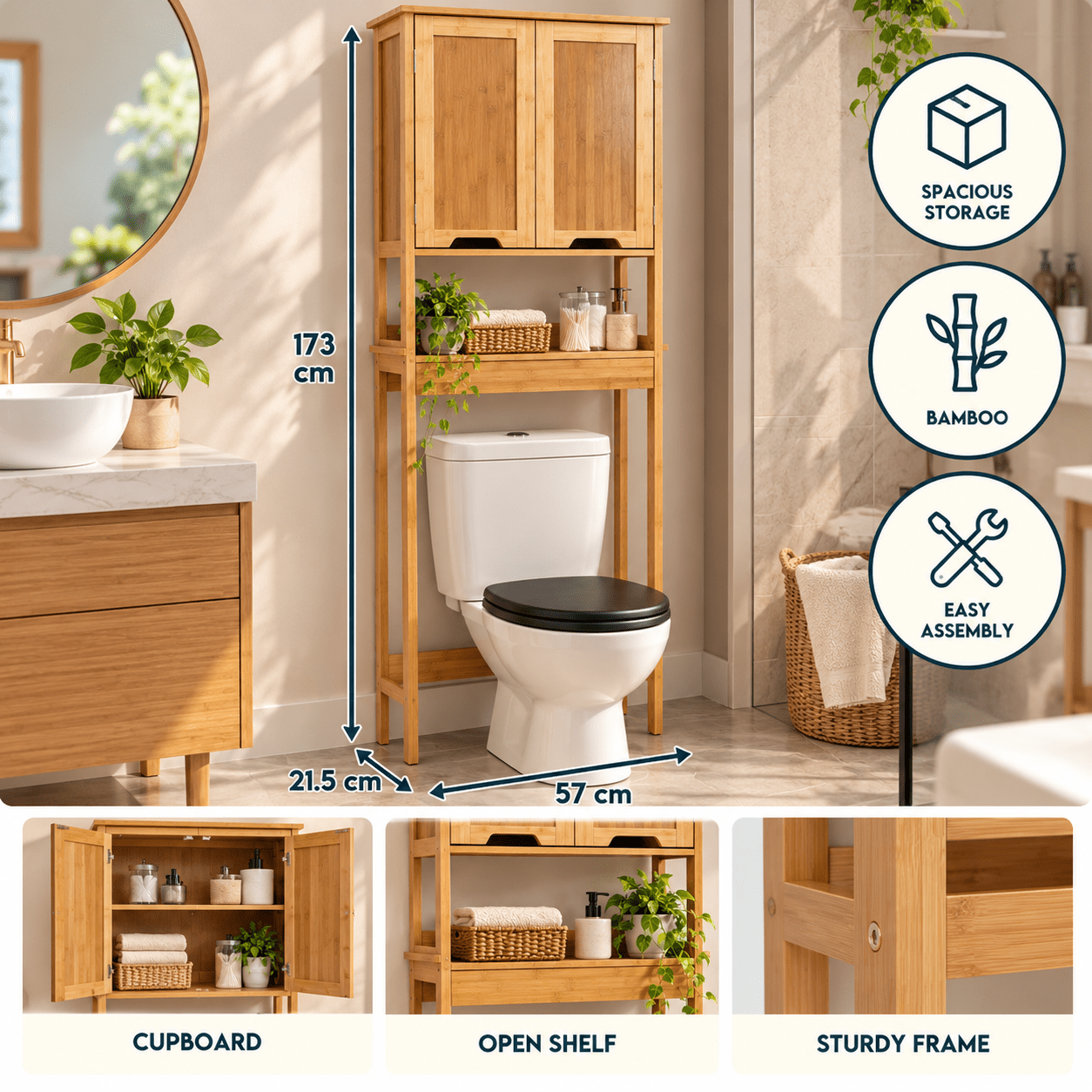 Image of Bamboo And Mdf Toilet Top Cabinet With 2 Doors And 1 Inner Shelf, Beige, 57 X 21.5 X 173 Cm, Bathroom Storage