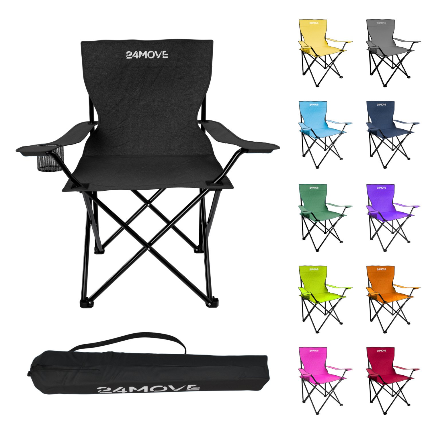 Image of 24move Camping Chair Foldable With Cup Holder & Carry Bag, Outdoor Folding Chair Made Of Steel & Polyester, Up To 100 Kg, For Camping, Fishing, Festival, Picnic & Garden, Black