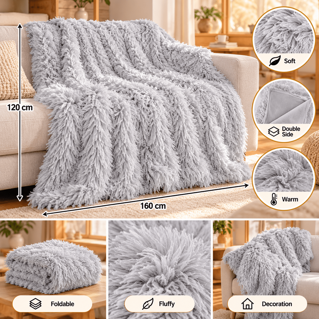 Image of Grey Fur Throw - Decorative Throw - Soft - Long-haired Fur - For Sofa And Bed - 120x160 Cm