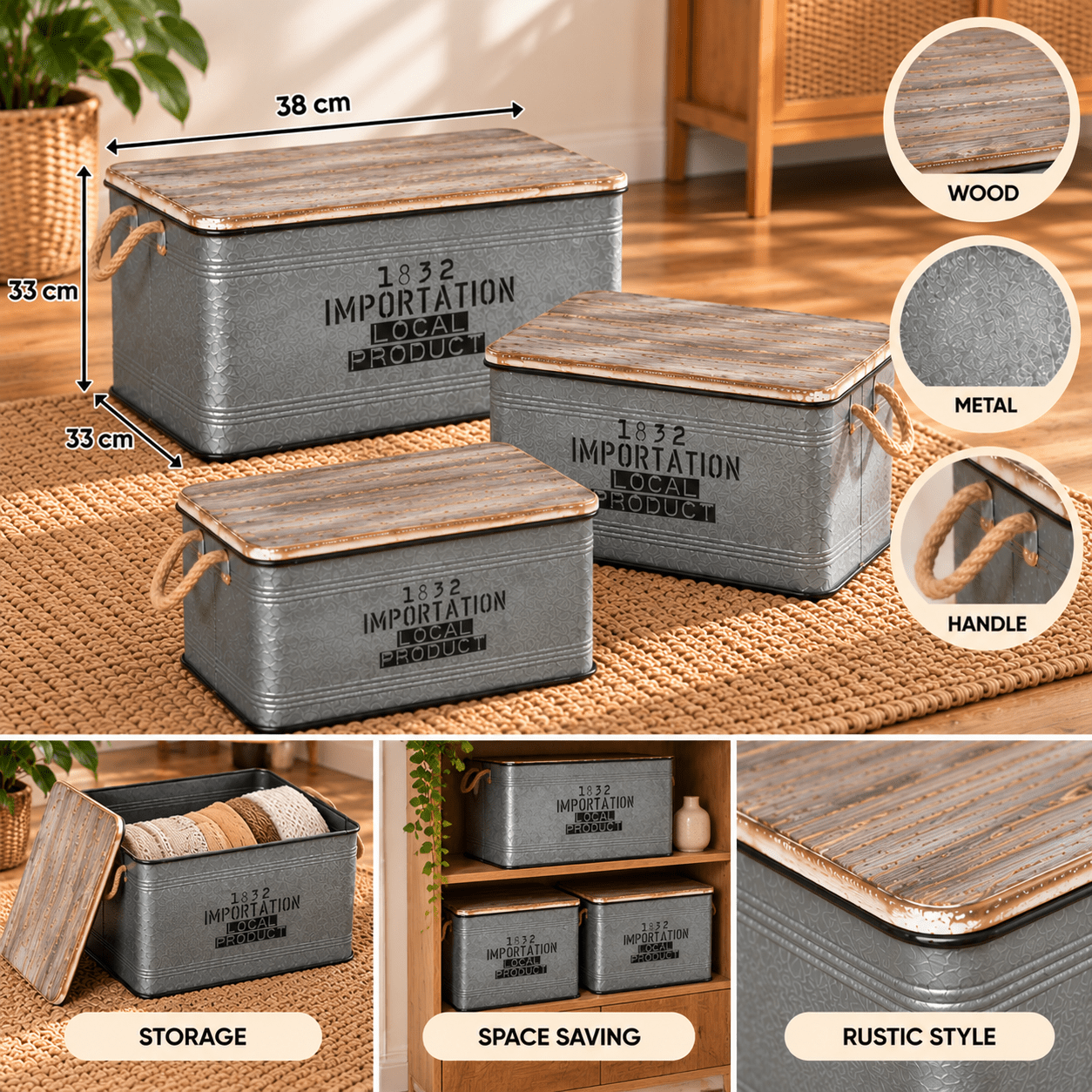 Image of Set Of 3 Steel Storage Bins - Gray - 45.2×30×25 Cm, 54.3×34×29.1 Cm, 60.3×38×33 Cm - For Indoor Storage