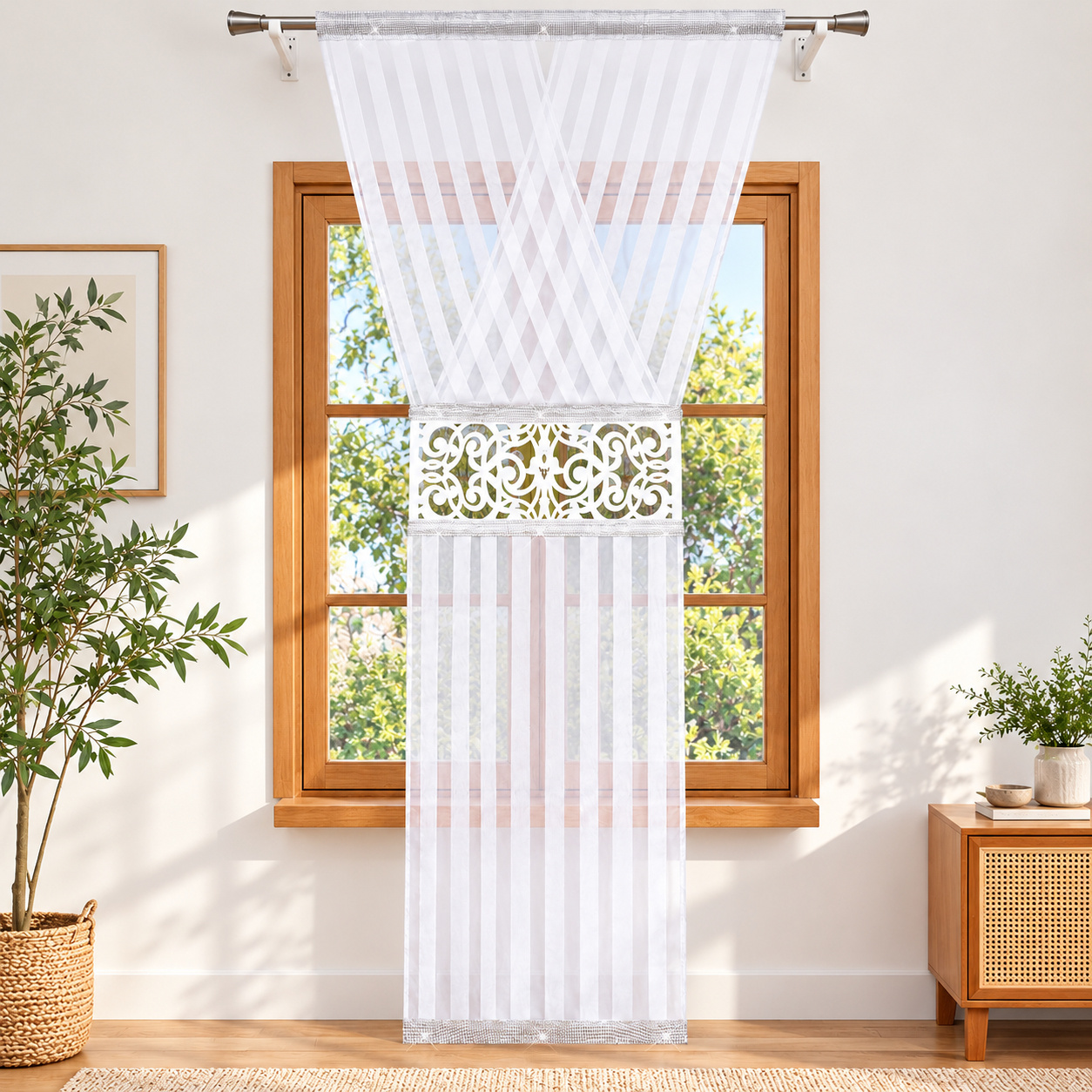 Image of 1pc White Semi-sheer Decorative Curtain Panel With -cut , Elegant Crisscross Tulle Draping, Sparkling Acrylic Rhinestone Mesh Trim, Rod Pocket Window Curtain For Living Room, Bedroom & Home Decor