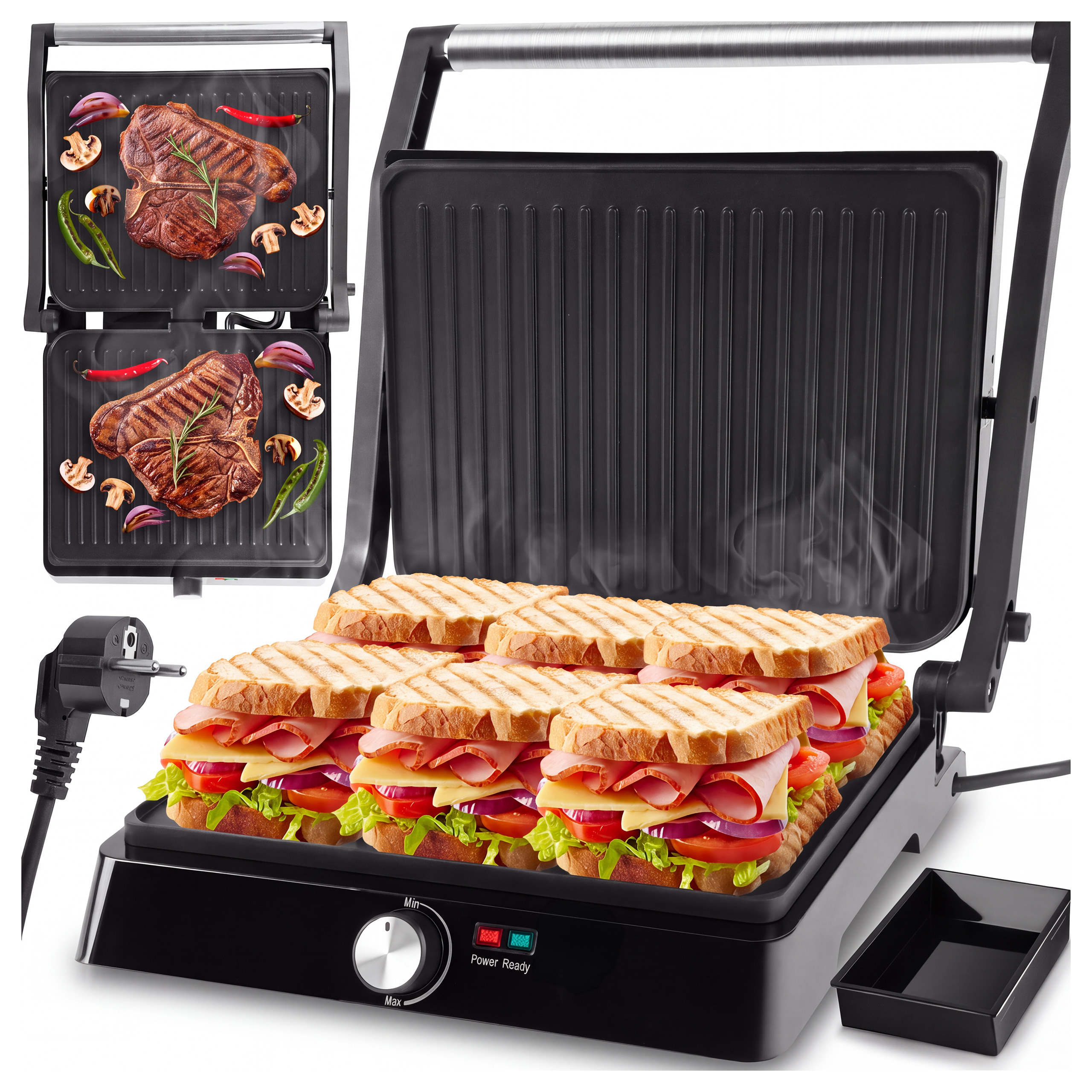 Image of Electric Grill Toaster Sandwich Panini Maker, Foldable, Powerful 2200w, Maltec Sm3000w