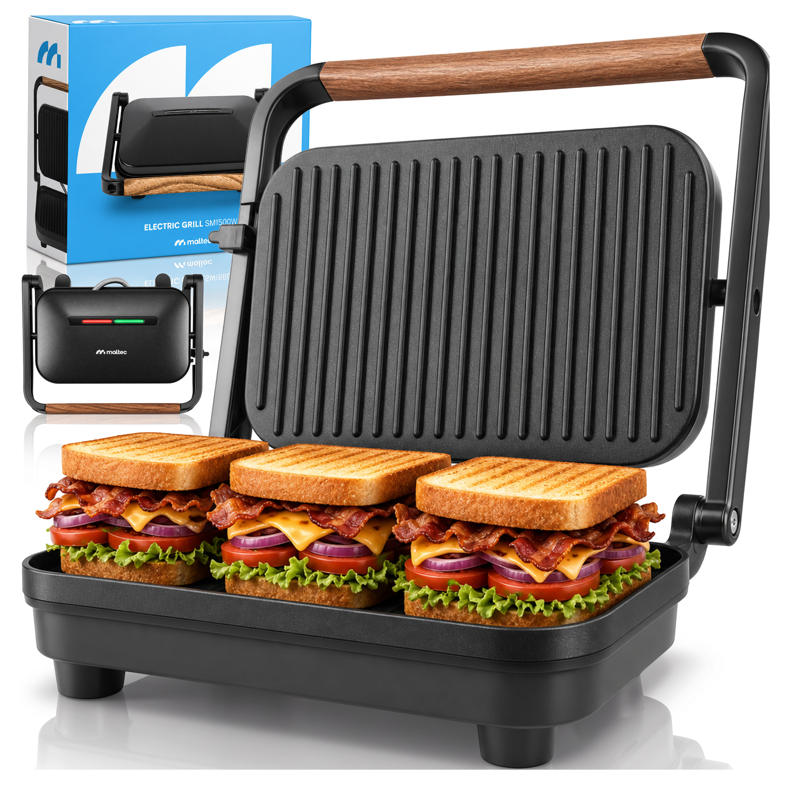 Image of Electric Grill Caretaker For Panini Sandwiches Toaster Foldable Maltec Sm1500w
