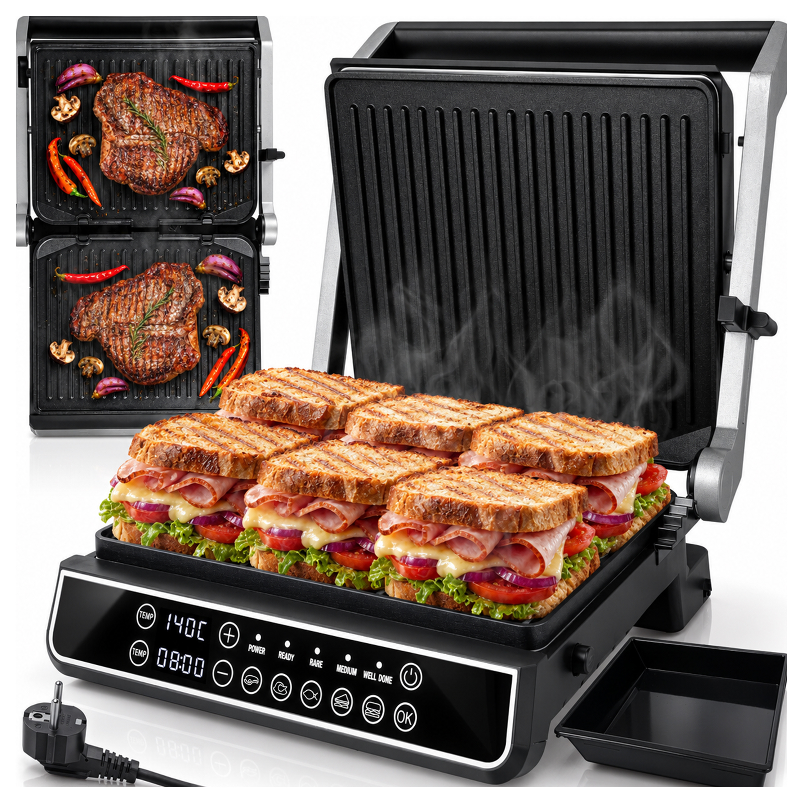 Image of Electric Grill Caretaker Toaster For Panini Sandwiches Foldable Powerful Maltec Xxl