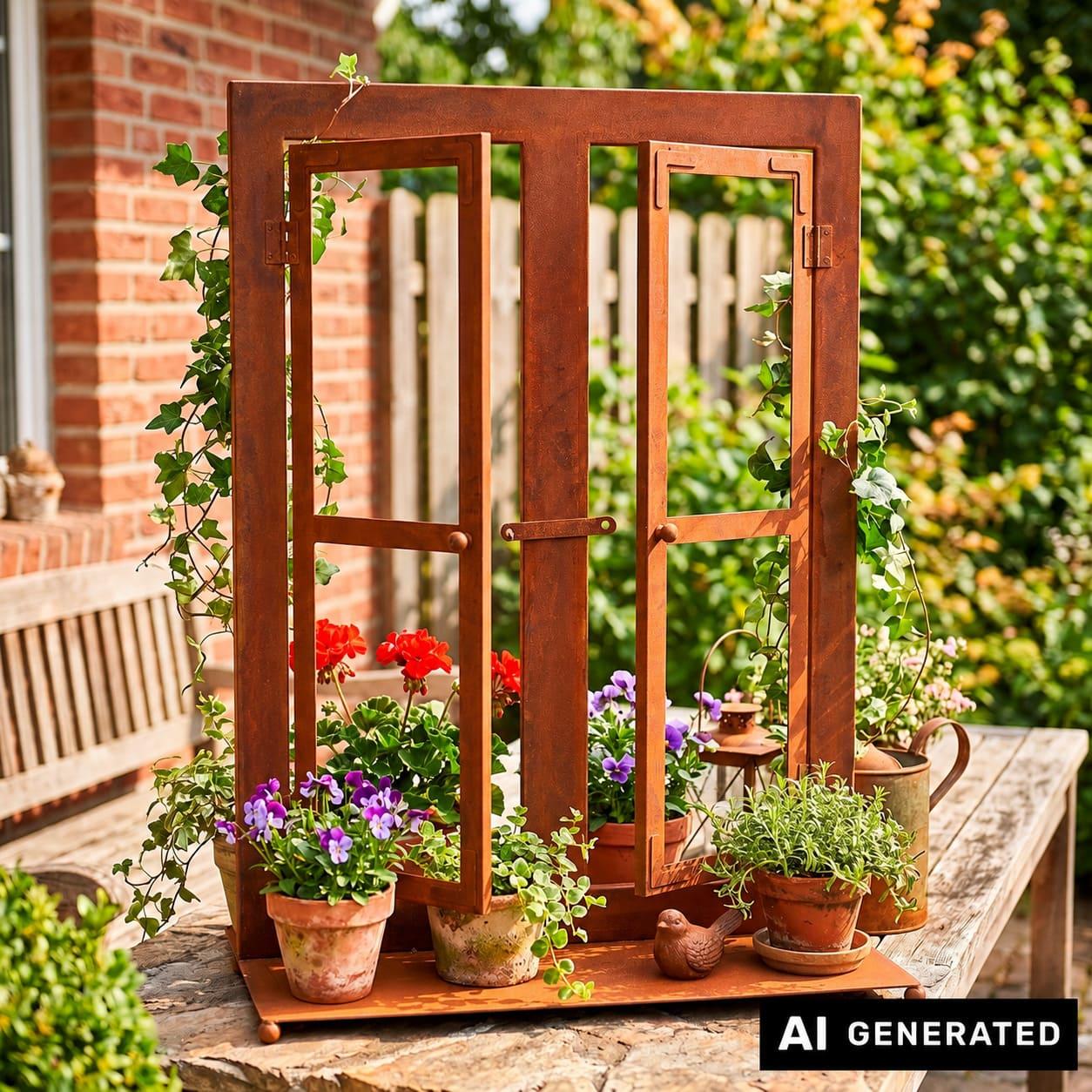 Image of Metal "window" Garden Decoration In Rusty Optic, 57x80 Cm Large, Window Frame, Mullioned Window, Outdoor Decor