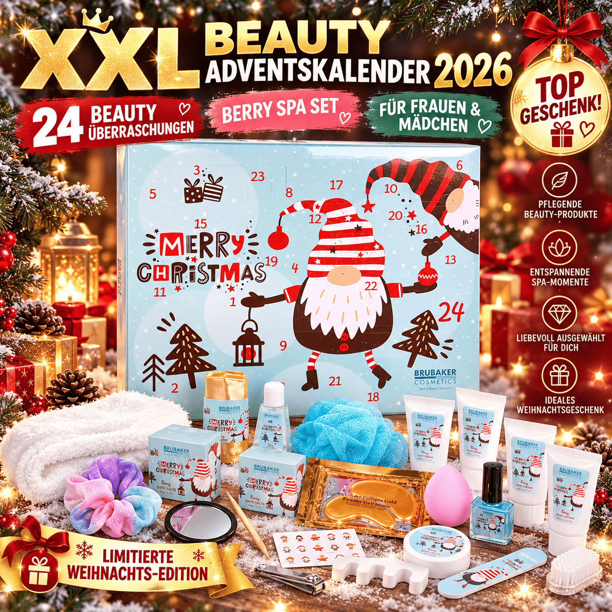 Image of Brubaker Cosmetics Beauty Advent Calendar 2026 - The Xxl Wellness Christmas Calendar For Women And Girls - 24 Care Products & Spa Accessories - Christmas Elf Gnome Dwarves