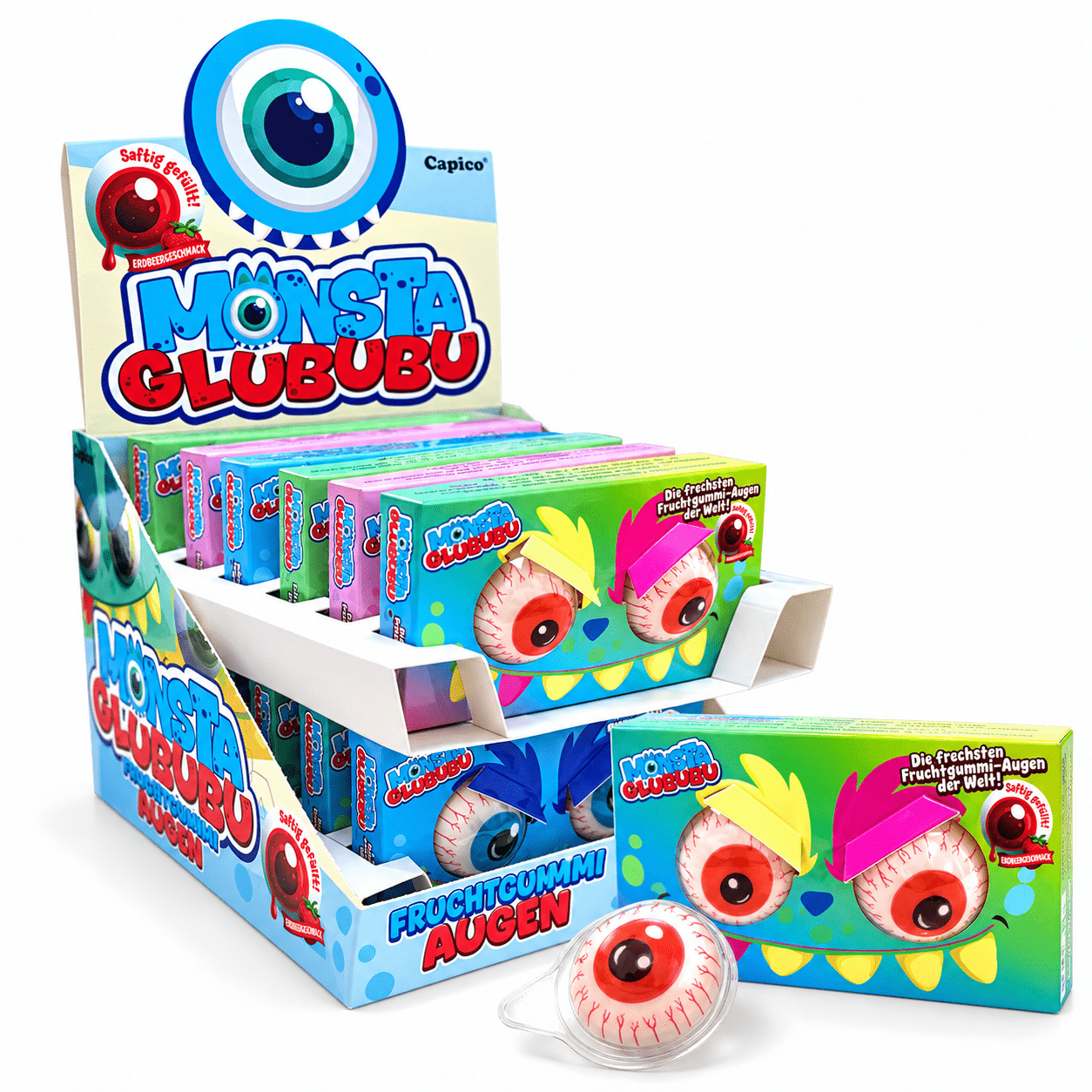 Image of Capico Monster Glububu - Fruit Gum Eyes With Strawberry Filling (12 X 25g) 300g Display