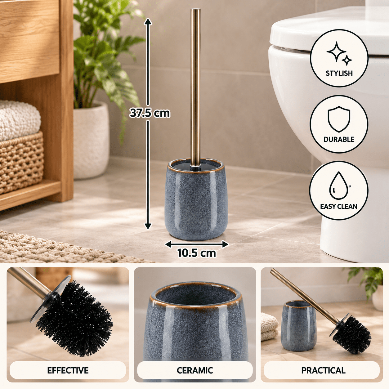 Image of Blue Stoneware Toilet Brush, Ø10.5 X H37.5 Cm, Theme