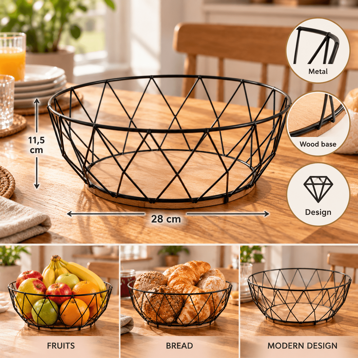 TEMU Corbeille à Fruits Métal Noir Design Géométrique 28 cm – Panier de Rangement Aéré pour Fruits, Légumes et Pain avec Base