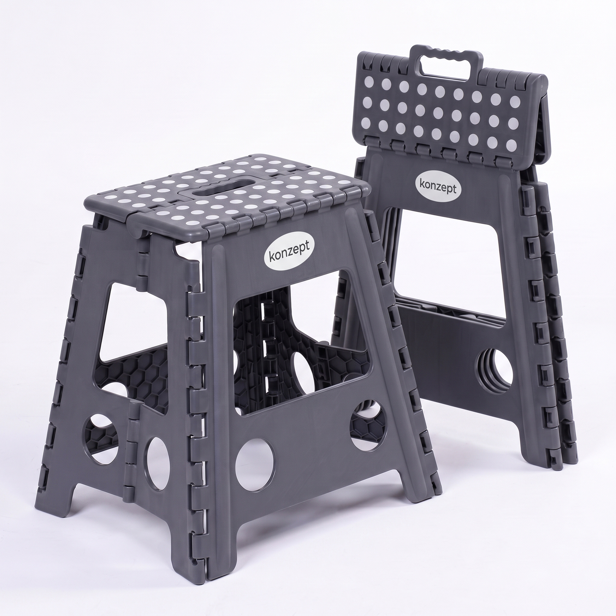 Image of Folding Step Stool, 22, 32, 40 Cm High, Up To 150 Kg, With Carrying Handle, Grey Folding Stool With Non-slip Surface & Sturdy Feet, For Kids & Adults, For Indoor & Outdoor Use