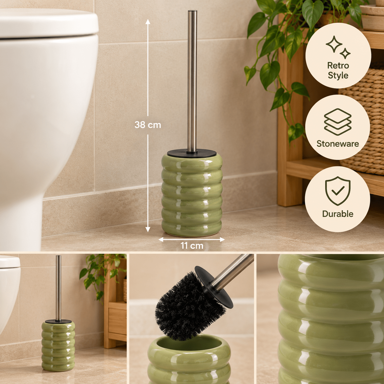 Image of Toilet Brush In Style Olive Green Ceramic With Stainless Steel Handle Ø10.3 X H40.5 Cm
