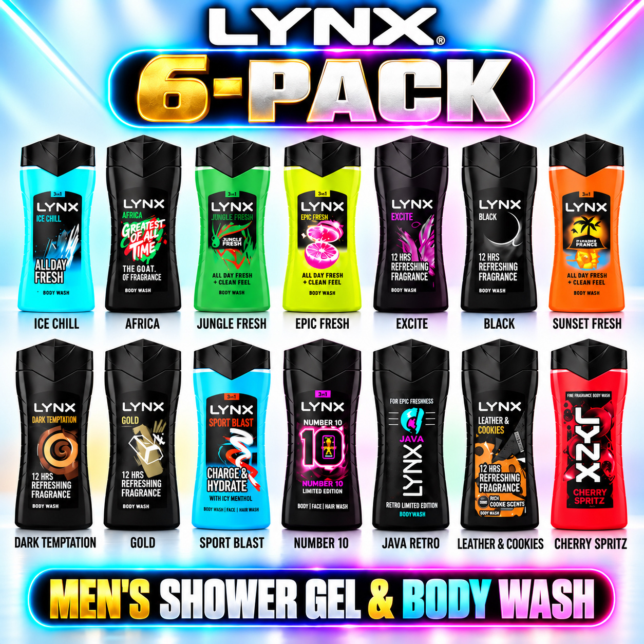 TEMU Lynx Shower Gel 6x 225ml | 6 Pack Bundle | Africa, , Black, Gold, Fresh, , Sunset Fresh, , , , , Retro, Leather & And Cherry | Shower Gel Body