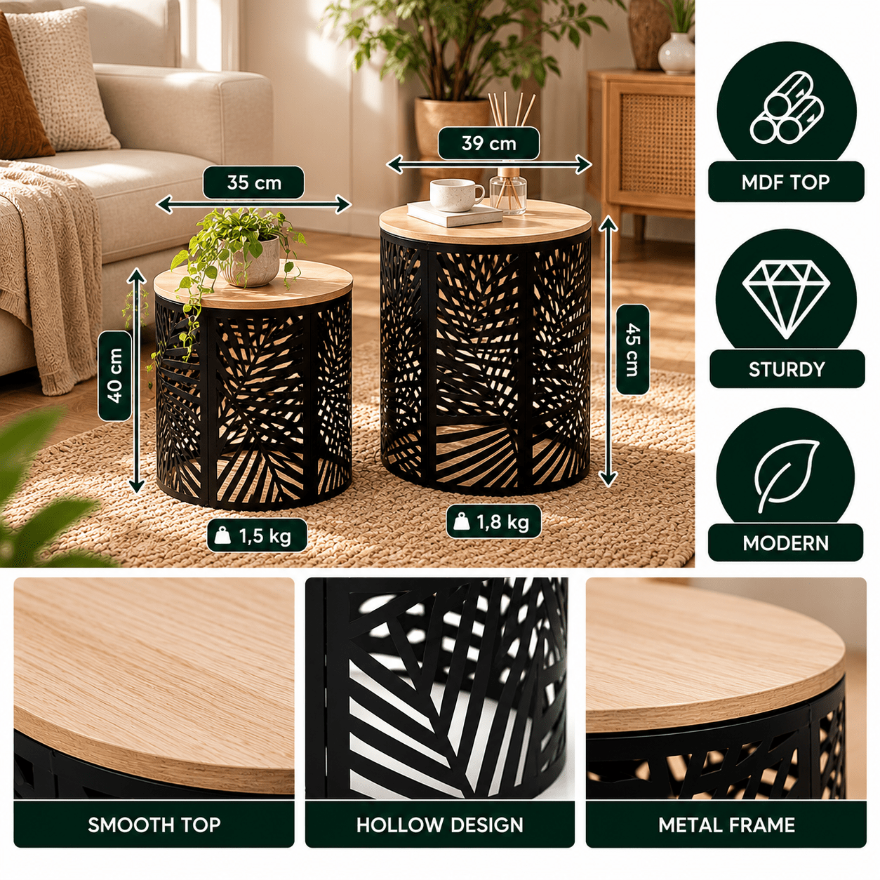 Image of Set Of 2 Nesting Round Tables In Black Steel Ø35/39 H40/ For Indoor Use