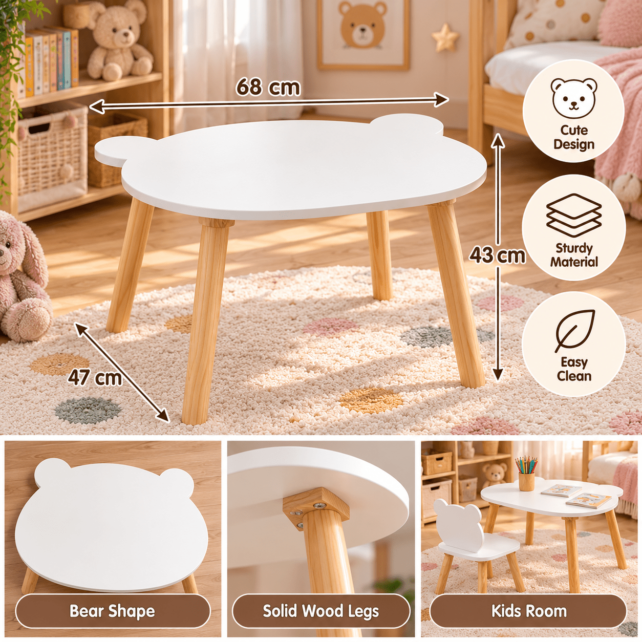 TEMU Table enfant blanche d’ avec pieds en bois naturel – Petite table basse pour chambre d’enfant, activités , dessin, jeux et décoration – 68 cm
