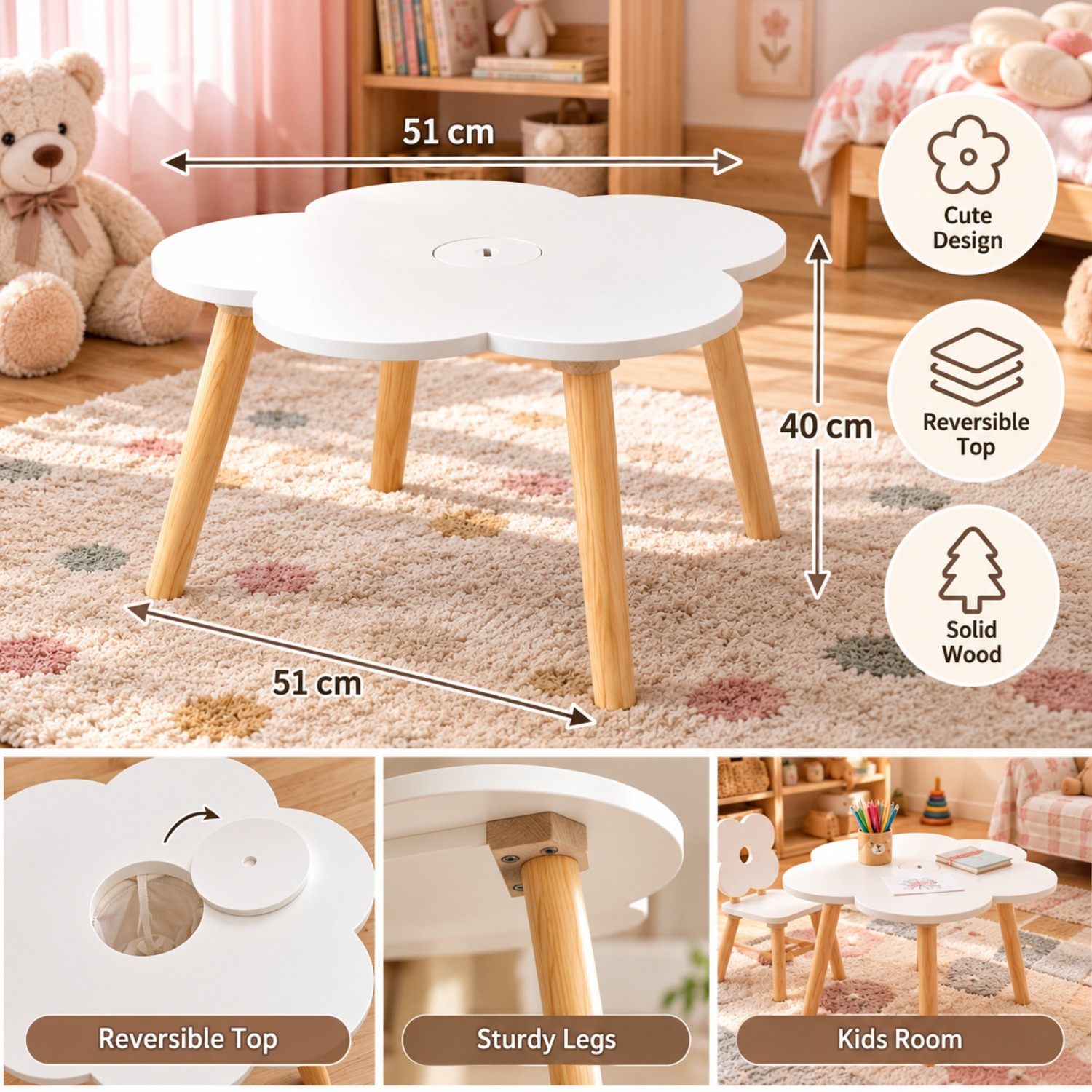 TEMU Table enfant de 51 x 51 x 40 cm – Table basse pour chambre enfant avec pieds en bois naturel, plateau réversible, style scandinave, pour jeux et