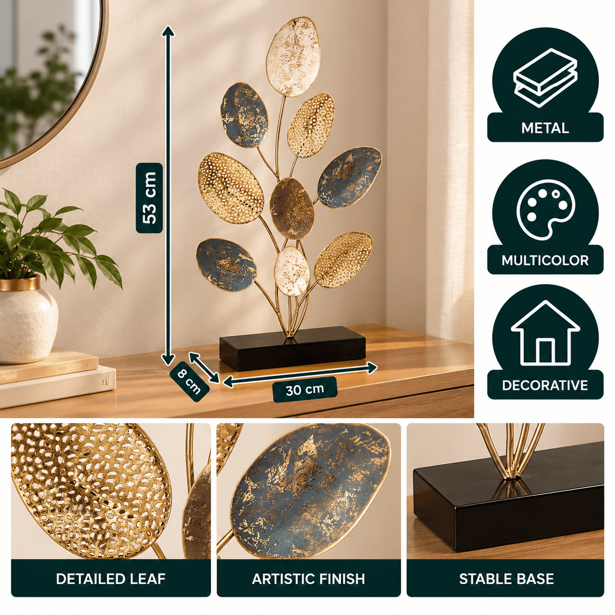 Image of Multicolor Steel Decorative Leaf Elena, H53 X W30 X D8 Cm, For Indoor Decoration, Wall-mounted Or Freestanding Element