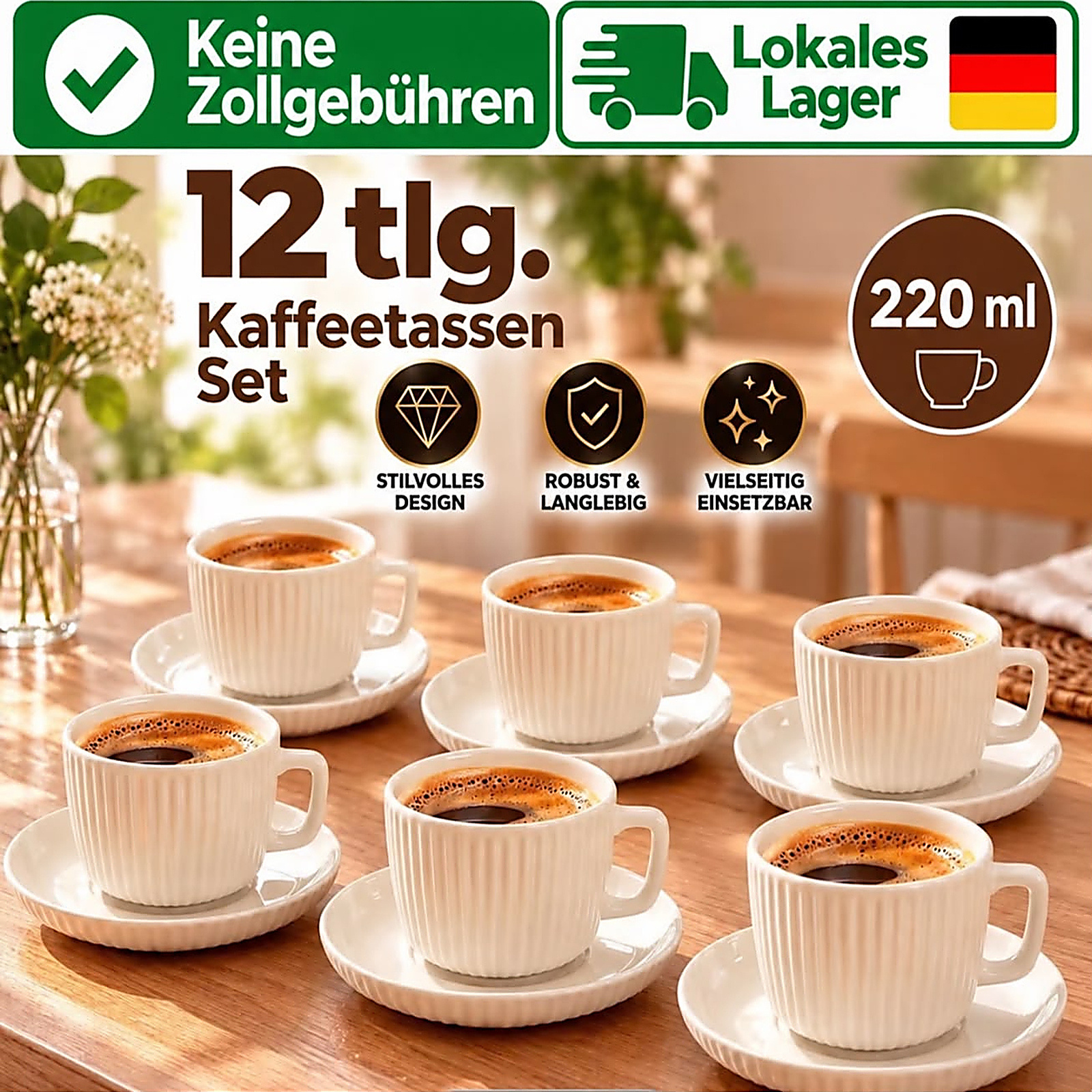 Image of Porcelain , 12pcs For 6 People – 6 White Coffee Cups With 6 Saucers – Coffee Cup Set With Elegant Ribbed Design – Cup Set For Coffee, Breakfast & Coffee Table
