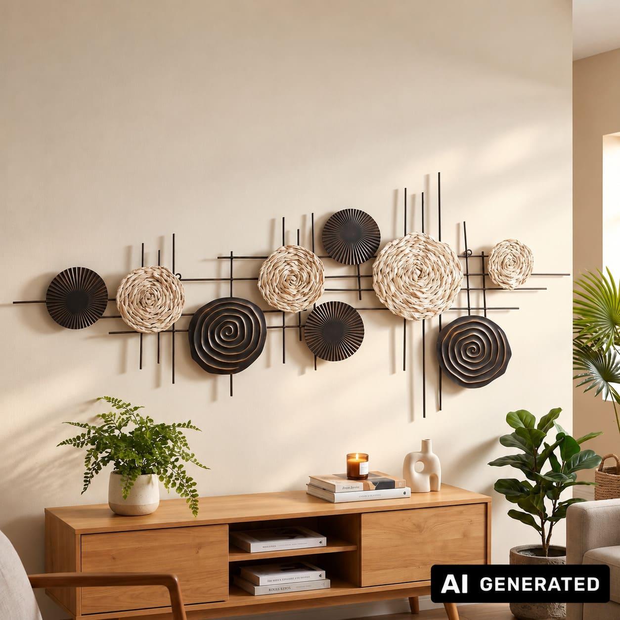 Image of Wall Decoration "circles" Made Of Metal & Seaweed, 112x51 Cm, Wall Picture, Wall Decor