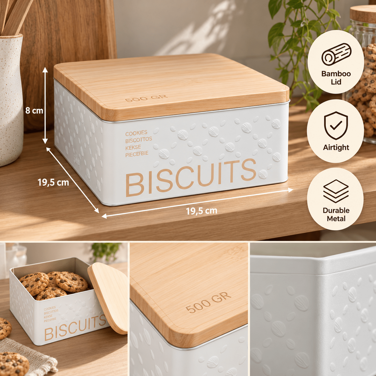 Temu Cranberry Boîte À Biscuits En Métal Avec Décor Relief 3,18 L Blanche L.20,2 X P.20,2 X H.8,2 Cm Intérieur Contact Alimentaire