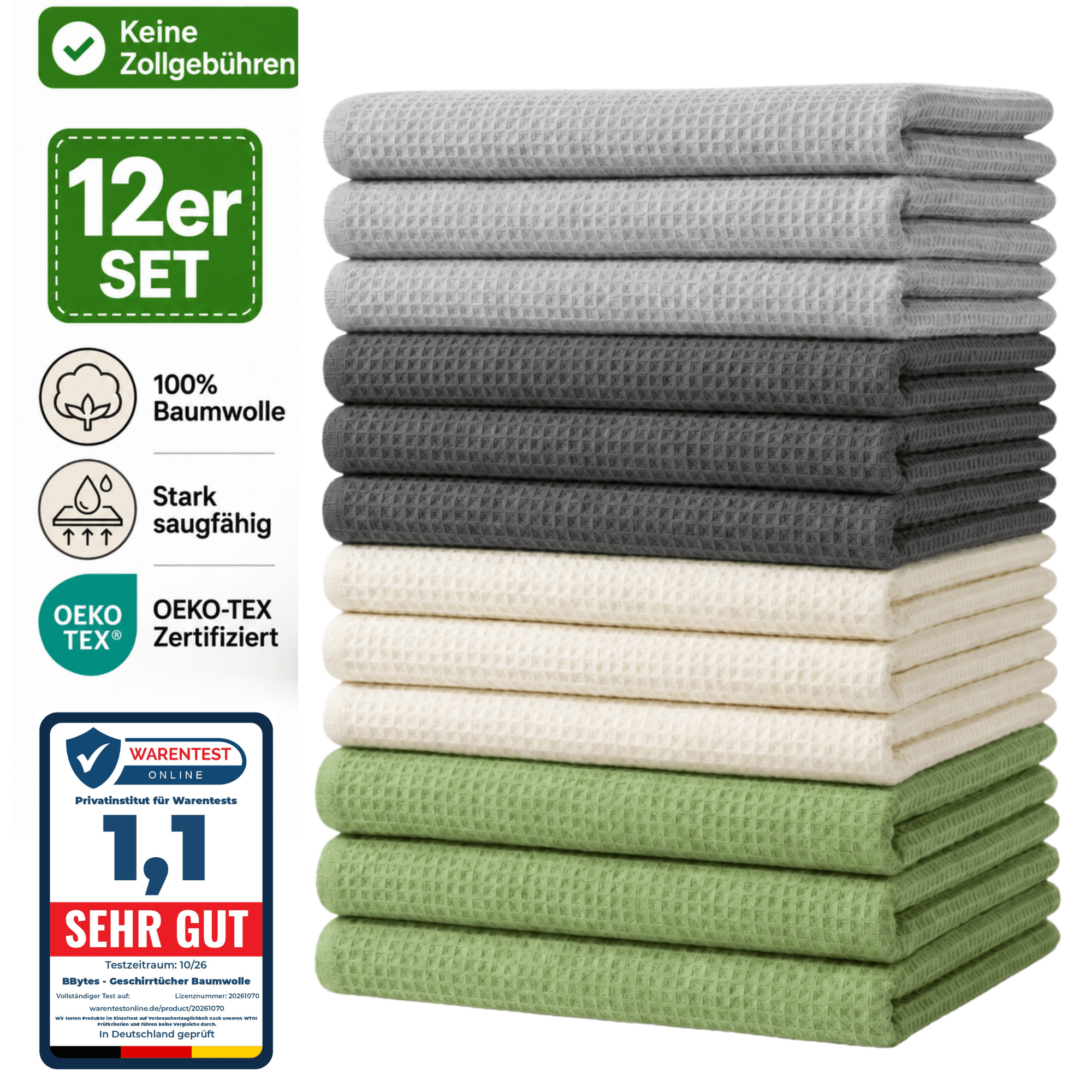 Image of 12pcs Set, Dish Towels 45x65 Cm Kitchen Towels Made Of Waffle , Absorbent And Long-lasting – , Beige, Grey &