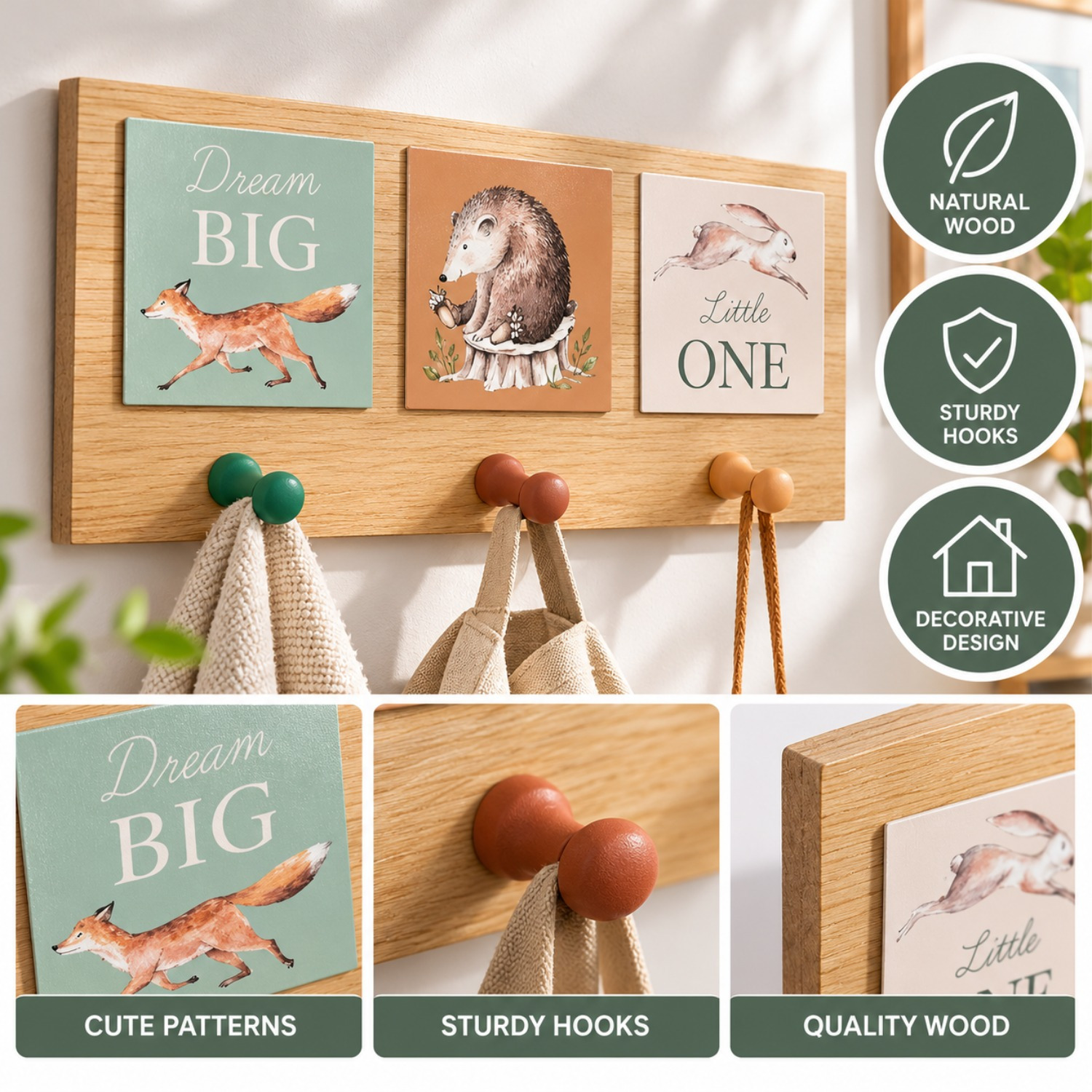 Image of Wall-mounted Forest 3 Wooden Hooks Painted Multicolored 34.5 X 15 Cm Decorative 1 Unit